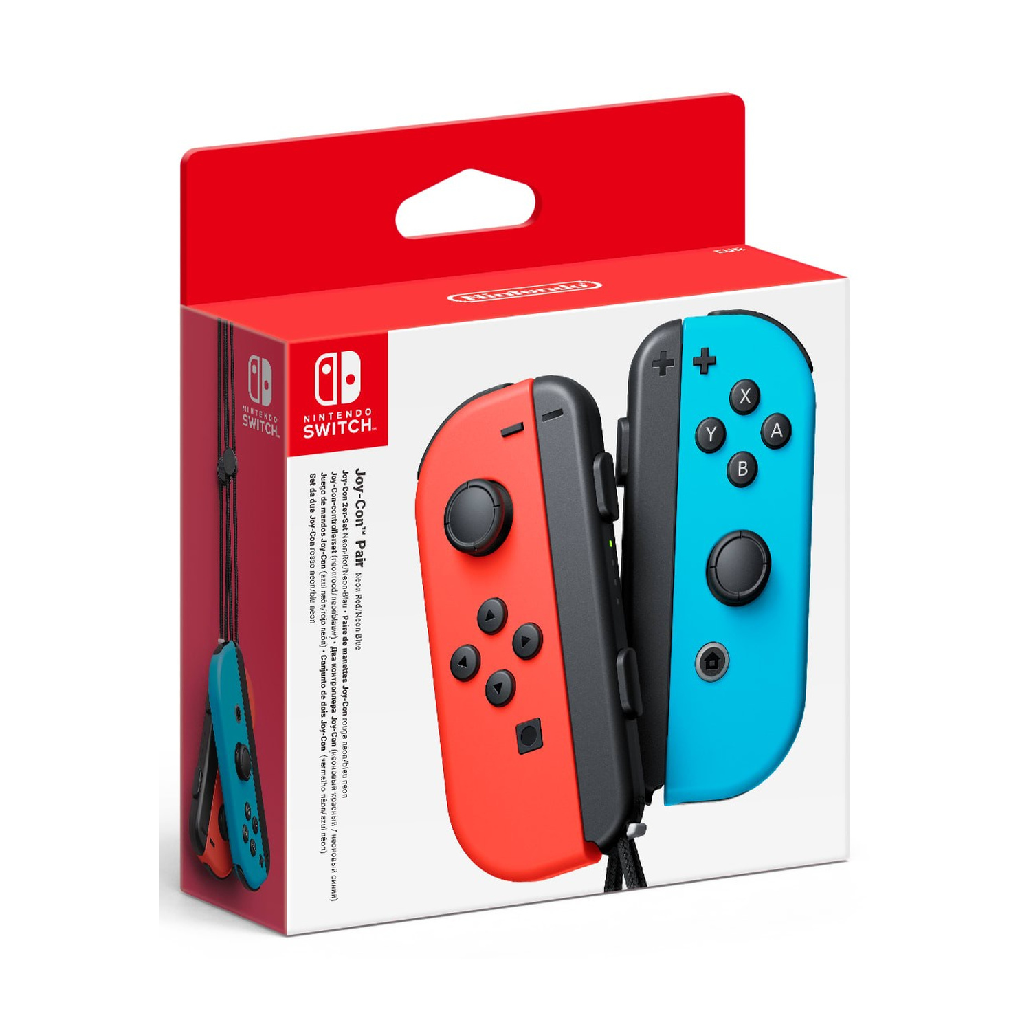 Una scatola bianca e rossa mostra una coppia di controller Joy-Con per Nintendo Switch rossi e blu.