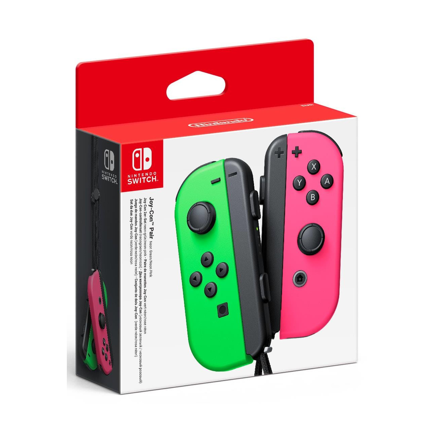 Confezione di Nintendo Switch Joy-Con in verde neon e rosa neon su sfondo bianco.