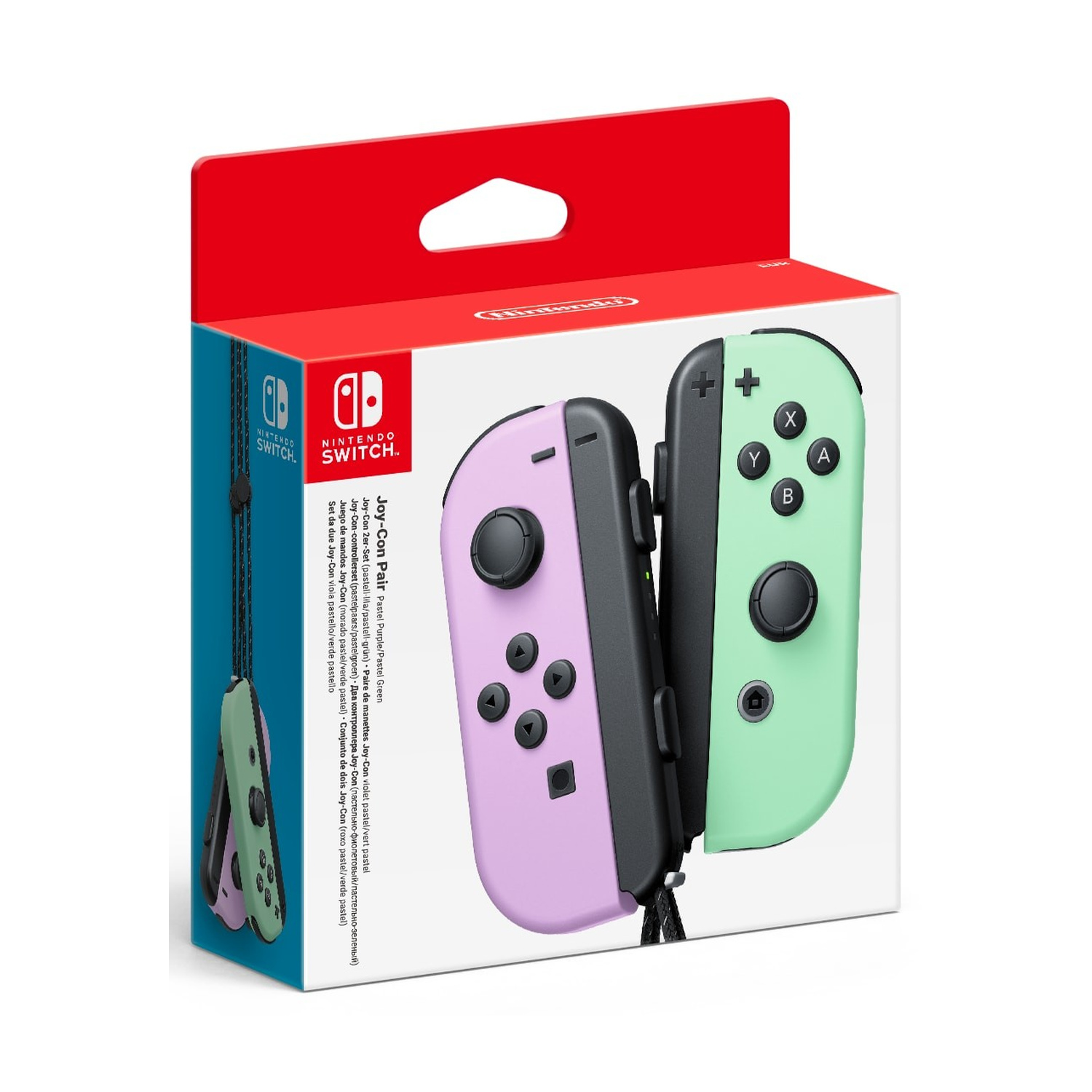 Confezione di controller Joy-Con per Nintendo Switch in viola e verde pastello.
