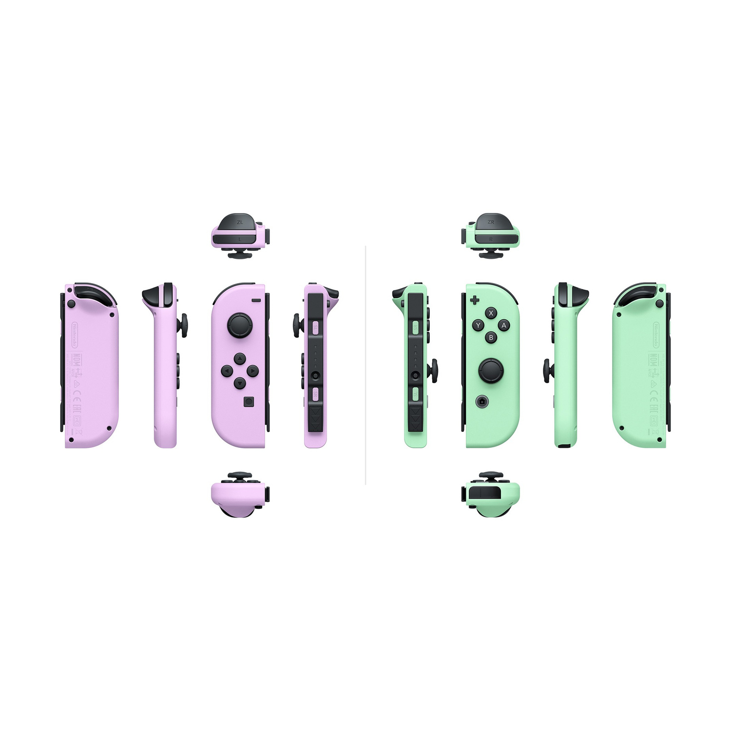 Molteplici angolazioni dei controller Joy-Con per Nintendo Switch rosa e verdi.