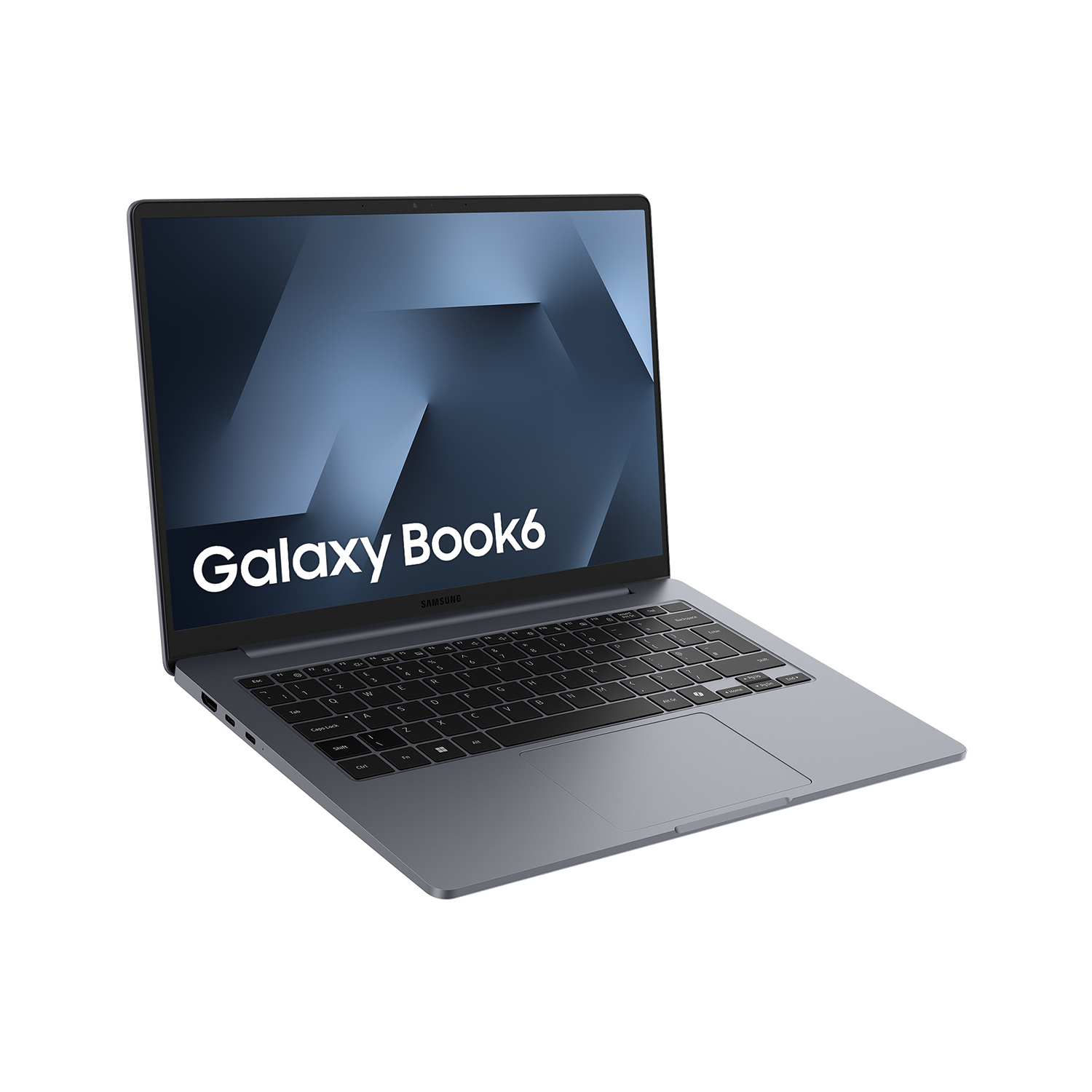 Un ordenador portátil gris Samsung Galaxy Book6 sobre fondo blanco con la pantalla abierta.