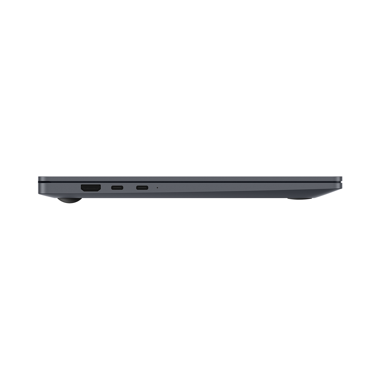 Vista lateral de un portátil oscuro cerrado que muestra puertos HDMI y USB-C sobre una superficie blanca.