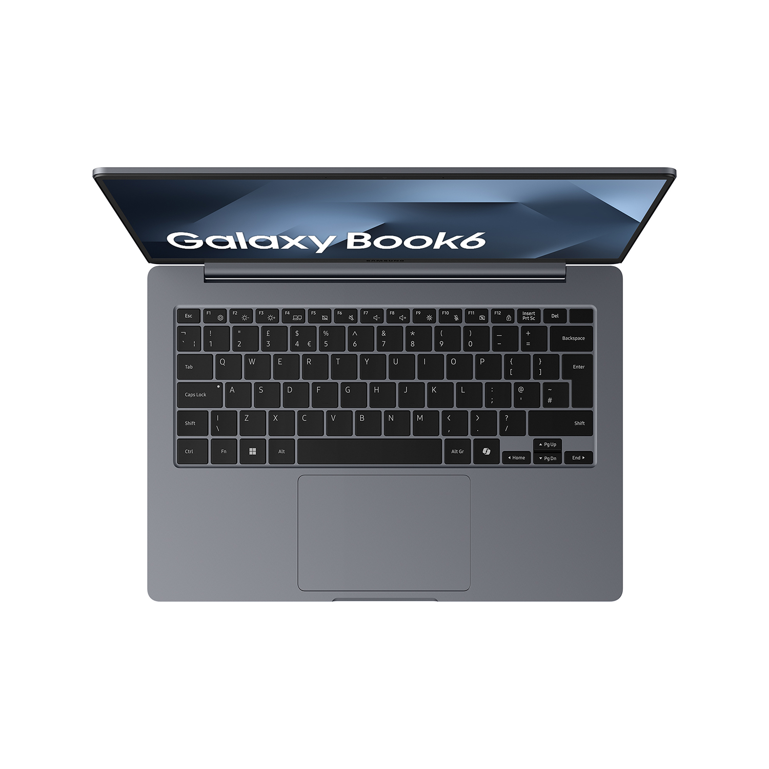 Vista superior de un portátil gris abierto Galaxy Book6 con teclado negro.