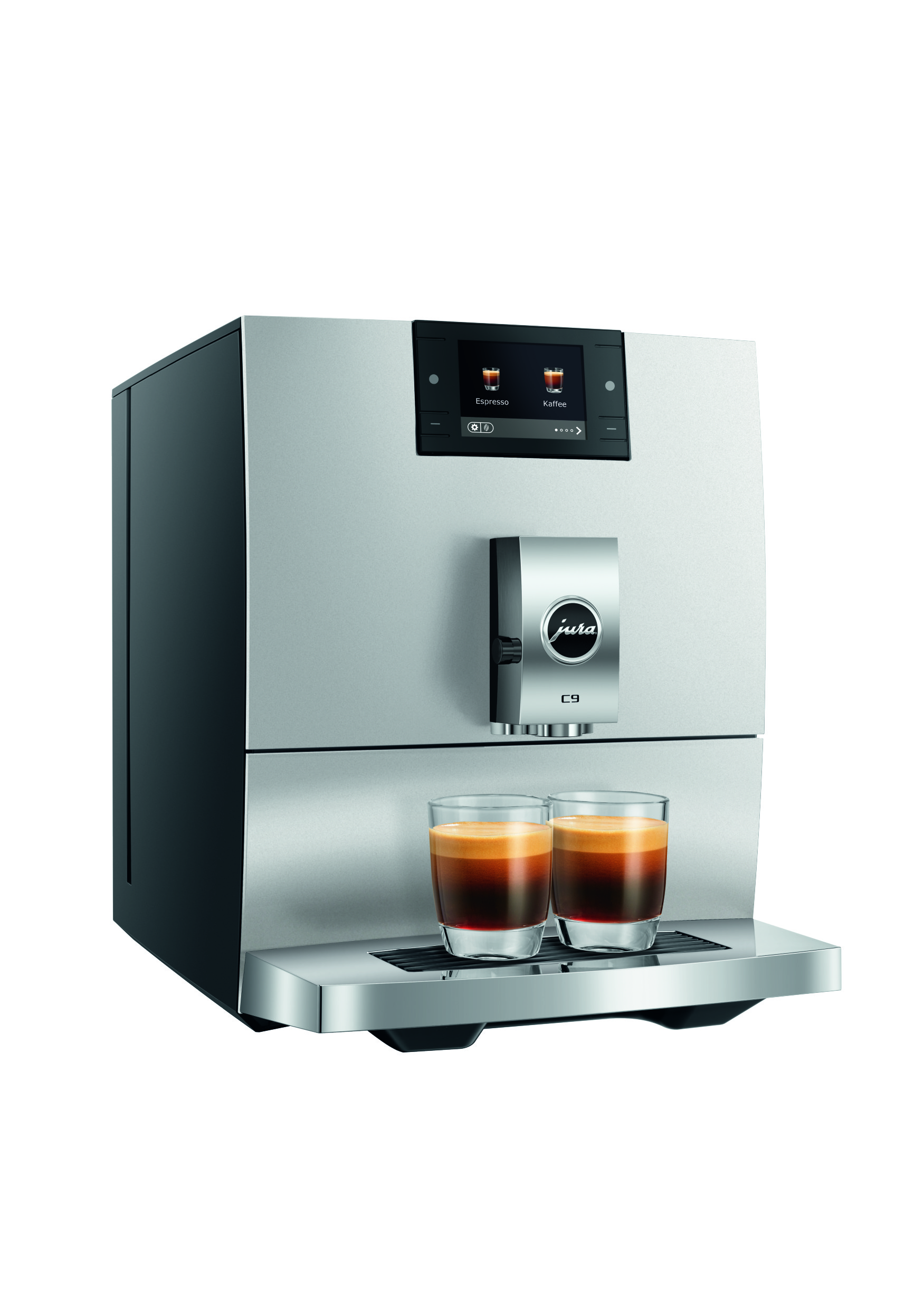 Moderne silberne Jura C9 Kaffeevollautomat mit zwei Espressogläsern auf der Abtropfschale.