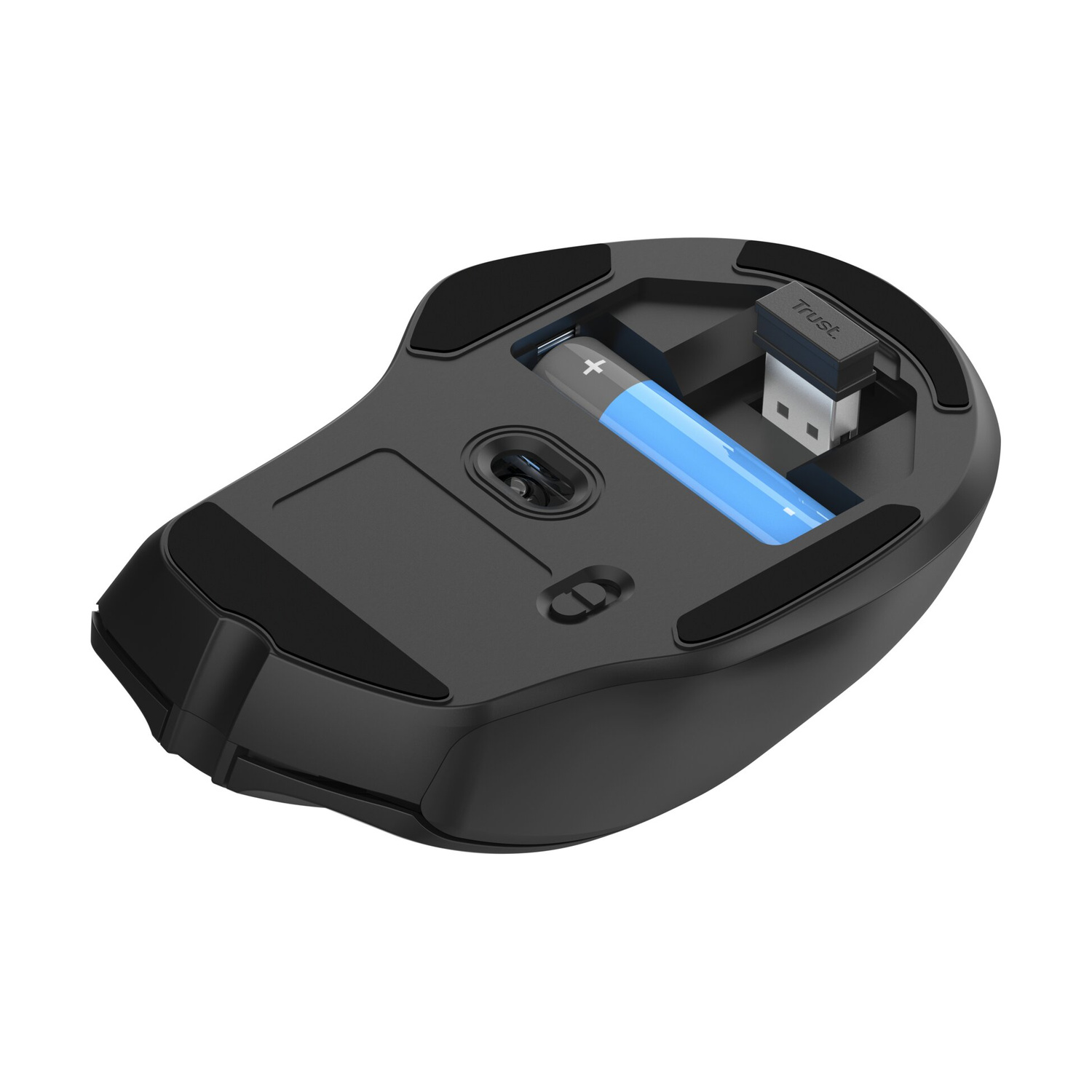 La parte inferiore di un mouse per computer nero mostra una batteria e un ricevitore USB.