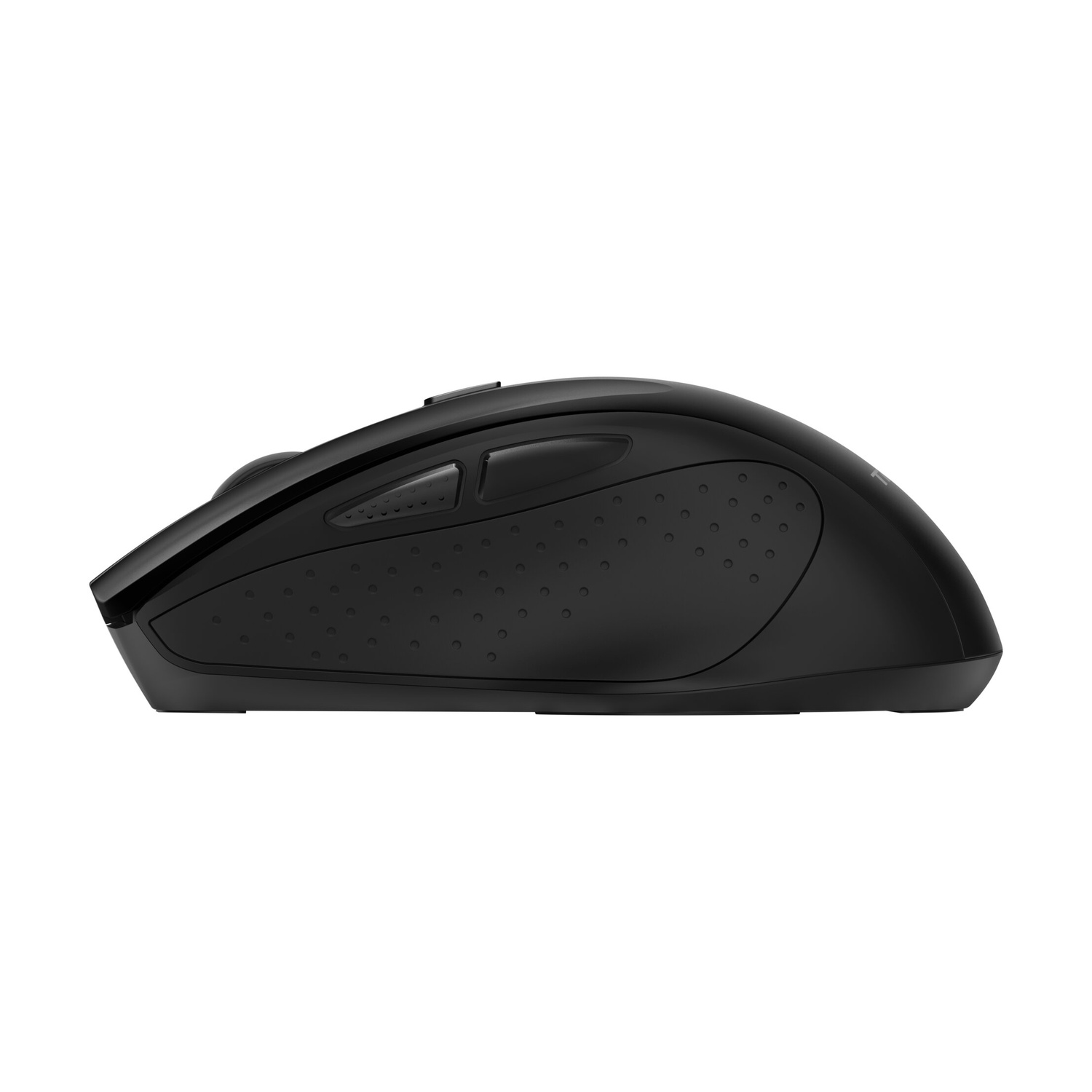 Vista laterale di un mouse per computer nero con pulsanti laterali e impugnatura testurizzata.