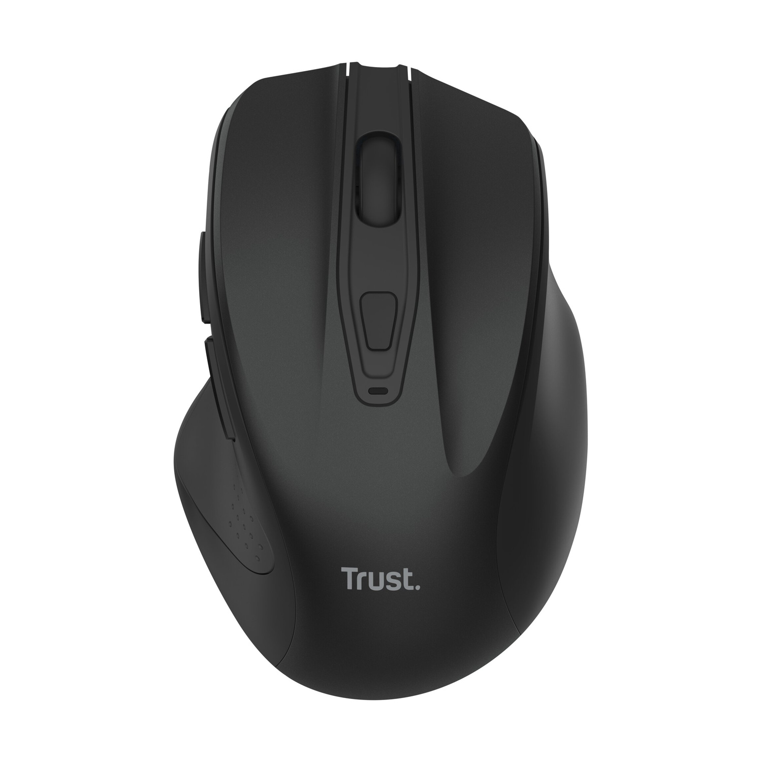 Un mouse per computer wireless Trust nero con rotella di scorrimento e supporto ergonomico per il pollice.