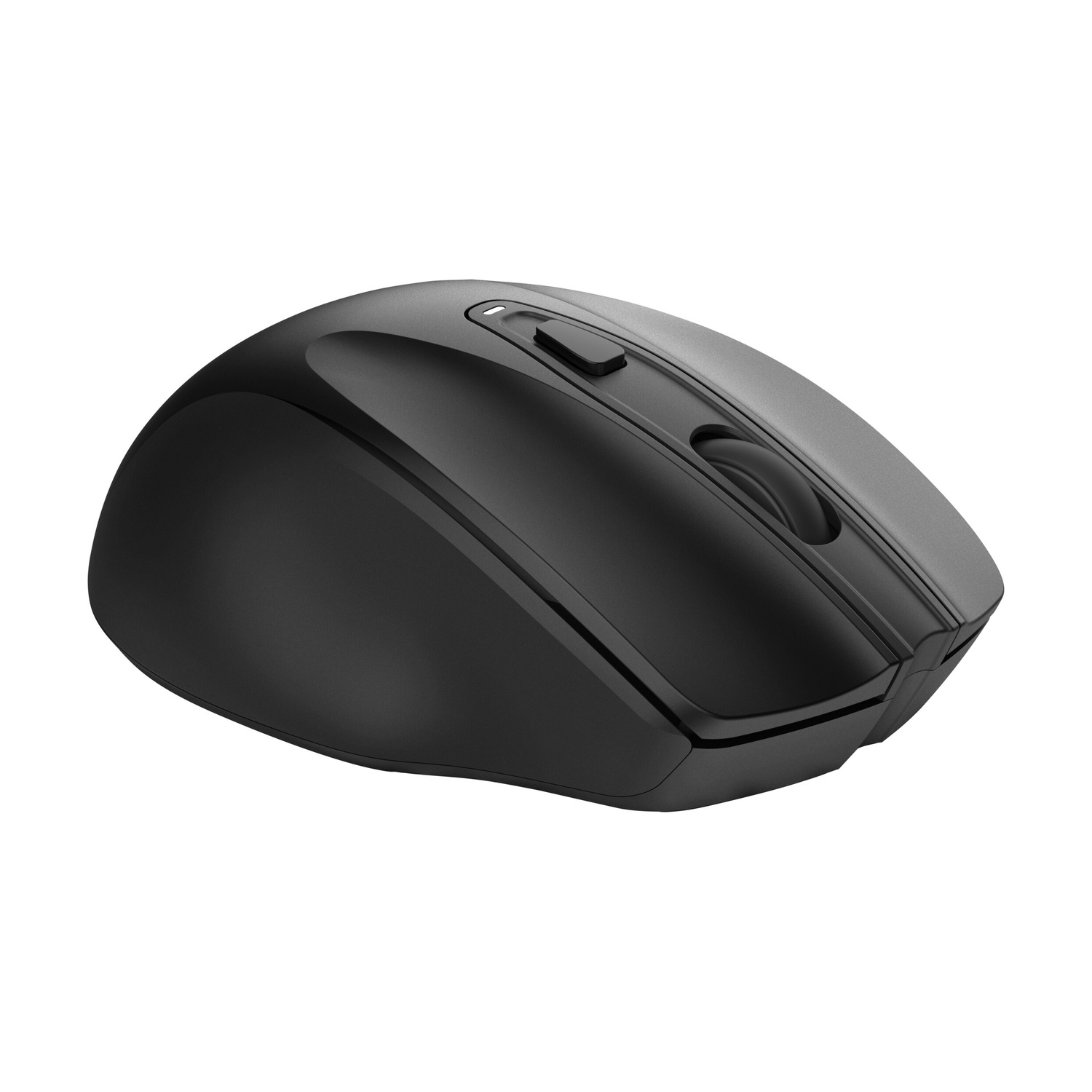 Un mouse per computer nero con rotellina di scorrimento e pulsante extra su sfondo bianco.