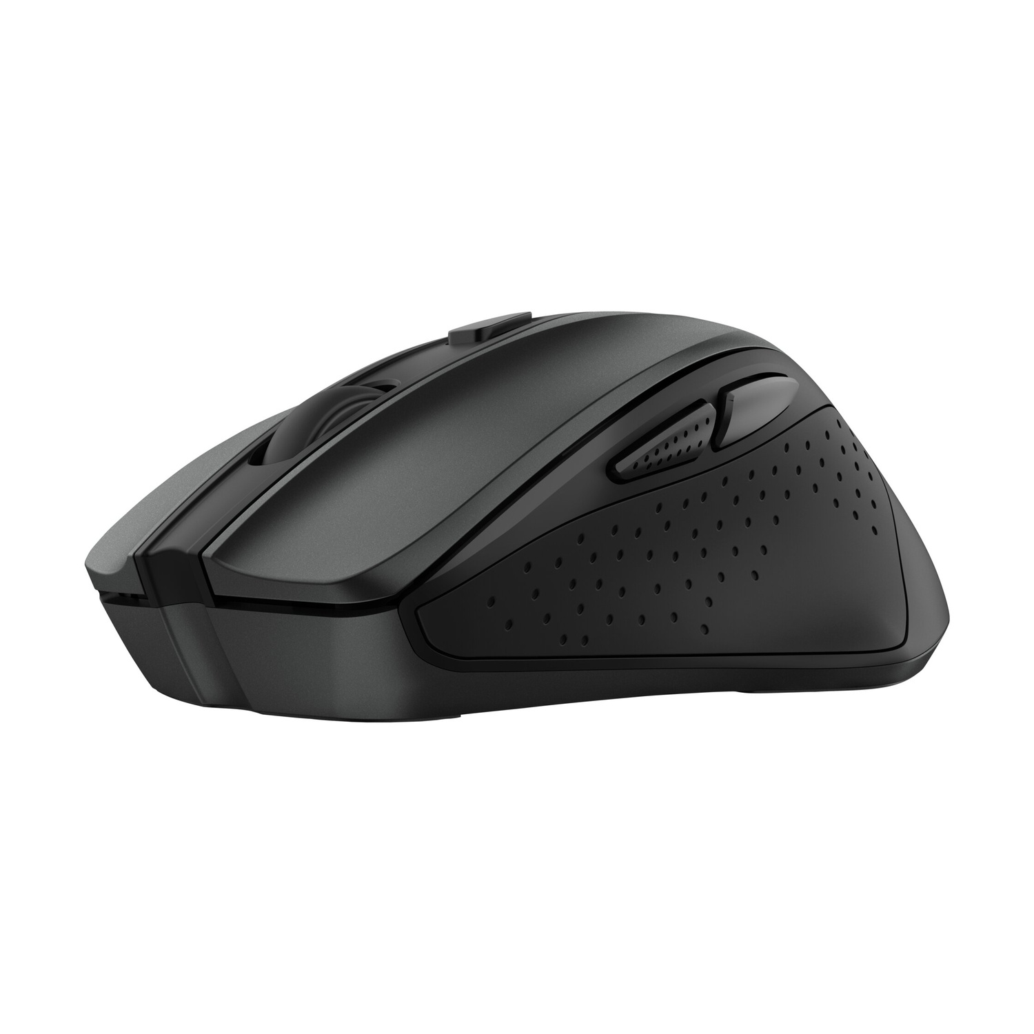 Un mouse per computer nero con pulsanti laterali e aree di presa perforate su sfondo bianco.