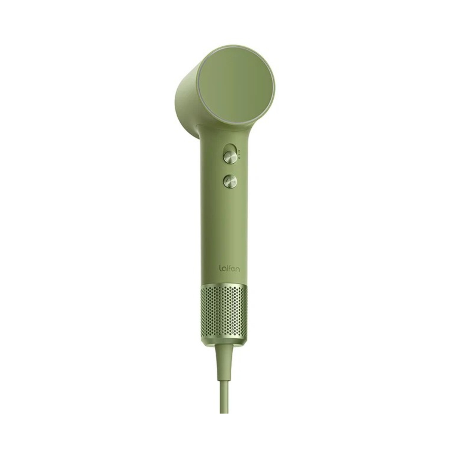 Un moderno asciugacapelli verde salvia con pulsanti argentati e base con filtro metallico perforato su sfondo bianco.