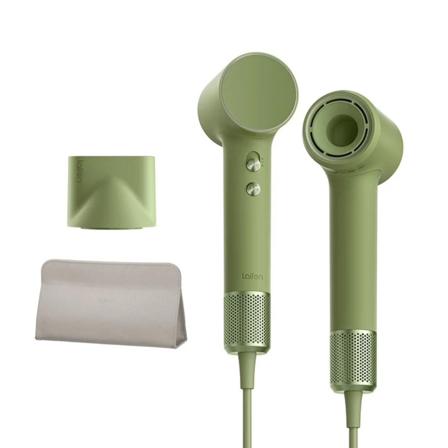 Asciugacapelli verde oliva con beccuccio e custodia beige su sfondo bianco.