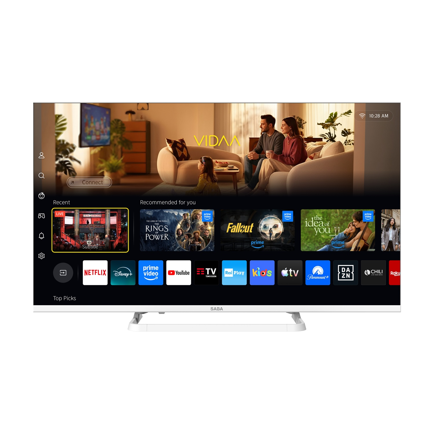 Smart TV SABA che mostra una schermata iniziale con app e consigli sui programmi.