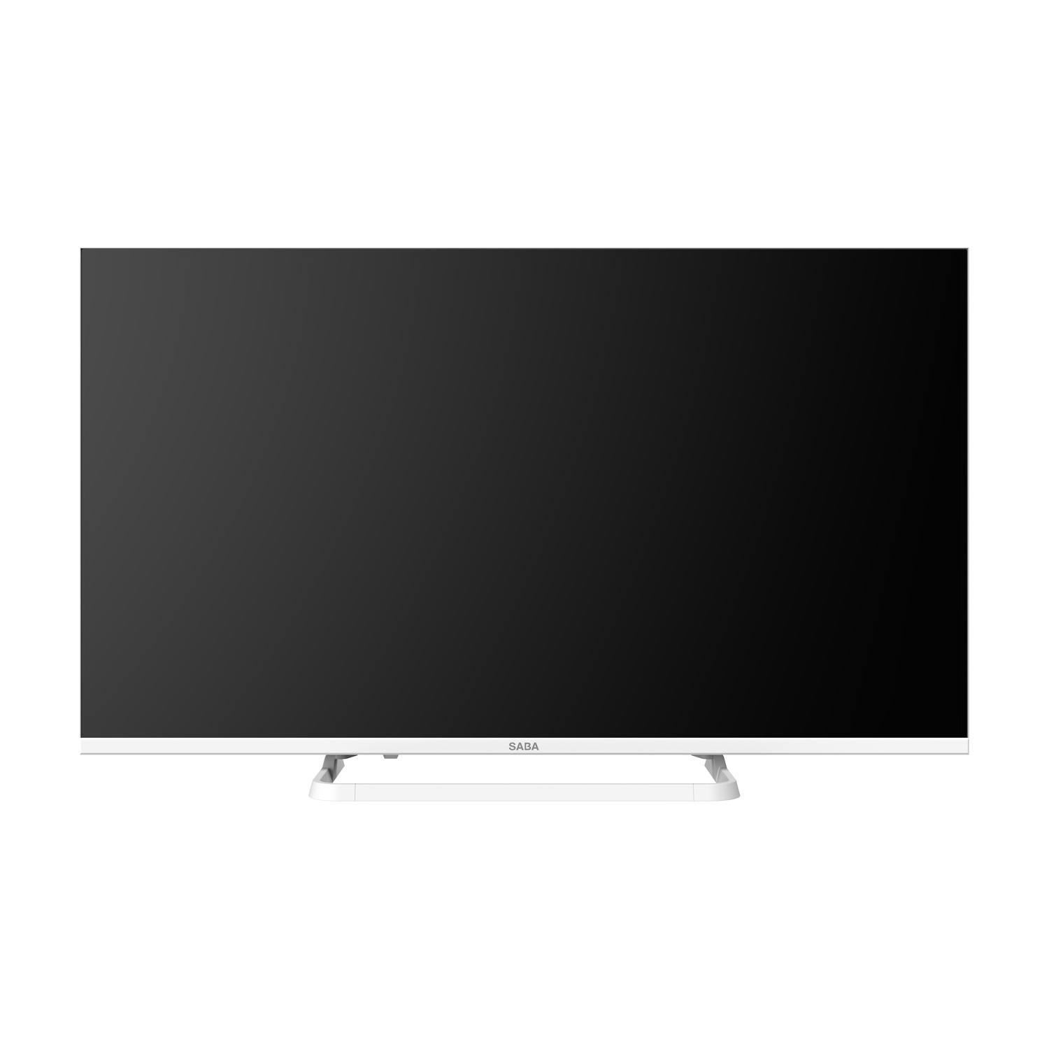 Un televisore Saba bianco con schermo largo è posizionato su un supporto bianco su sfondo bianco.