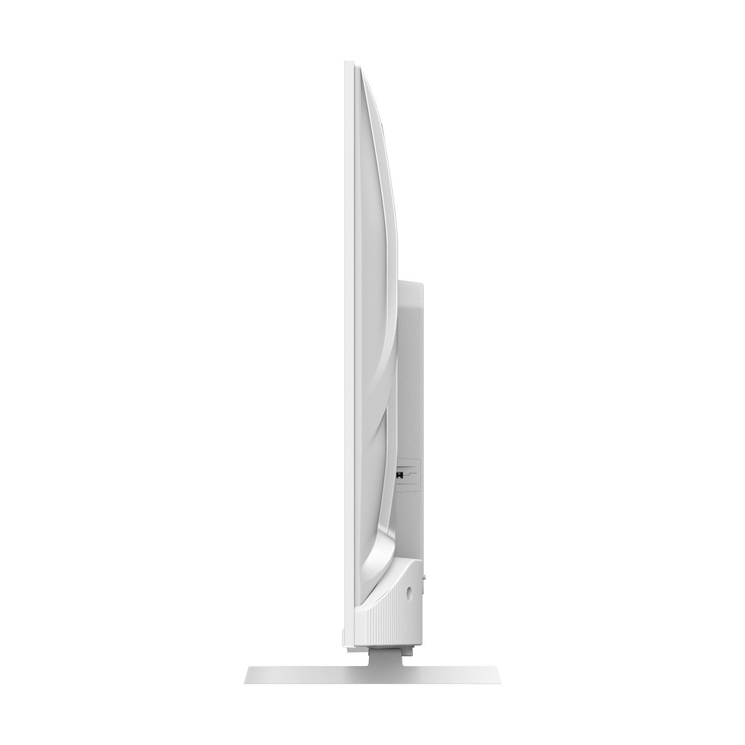 Vista laterale di una TV a schermo piatto bianca e sottile su un supporto con sfondo bianco.