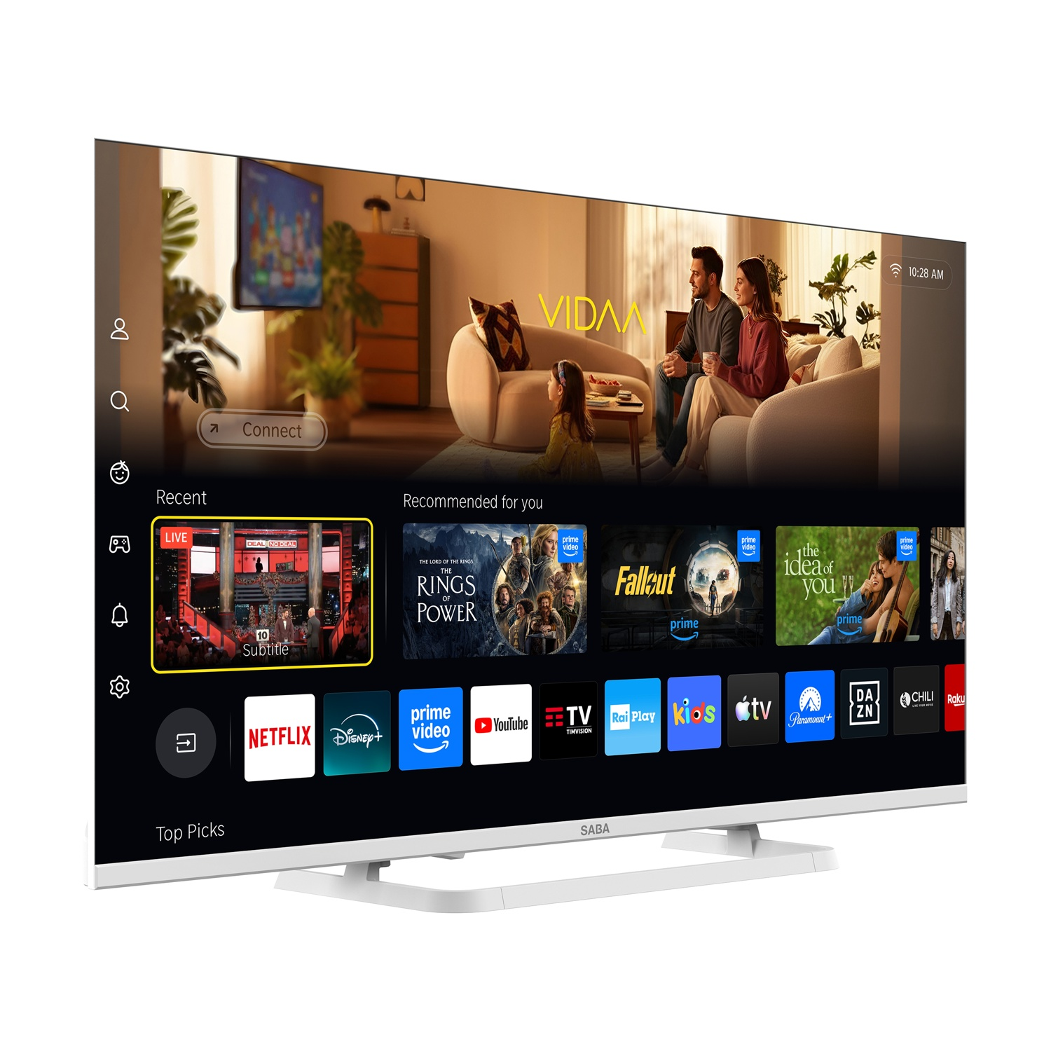 Smart TV SABA con schermata iniziale, icone di app multimediali e consigli.