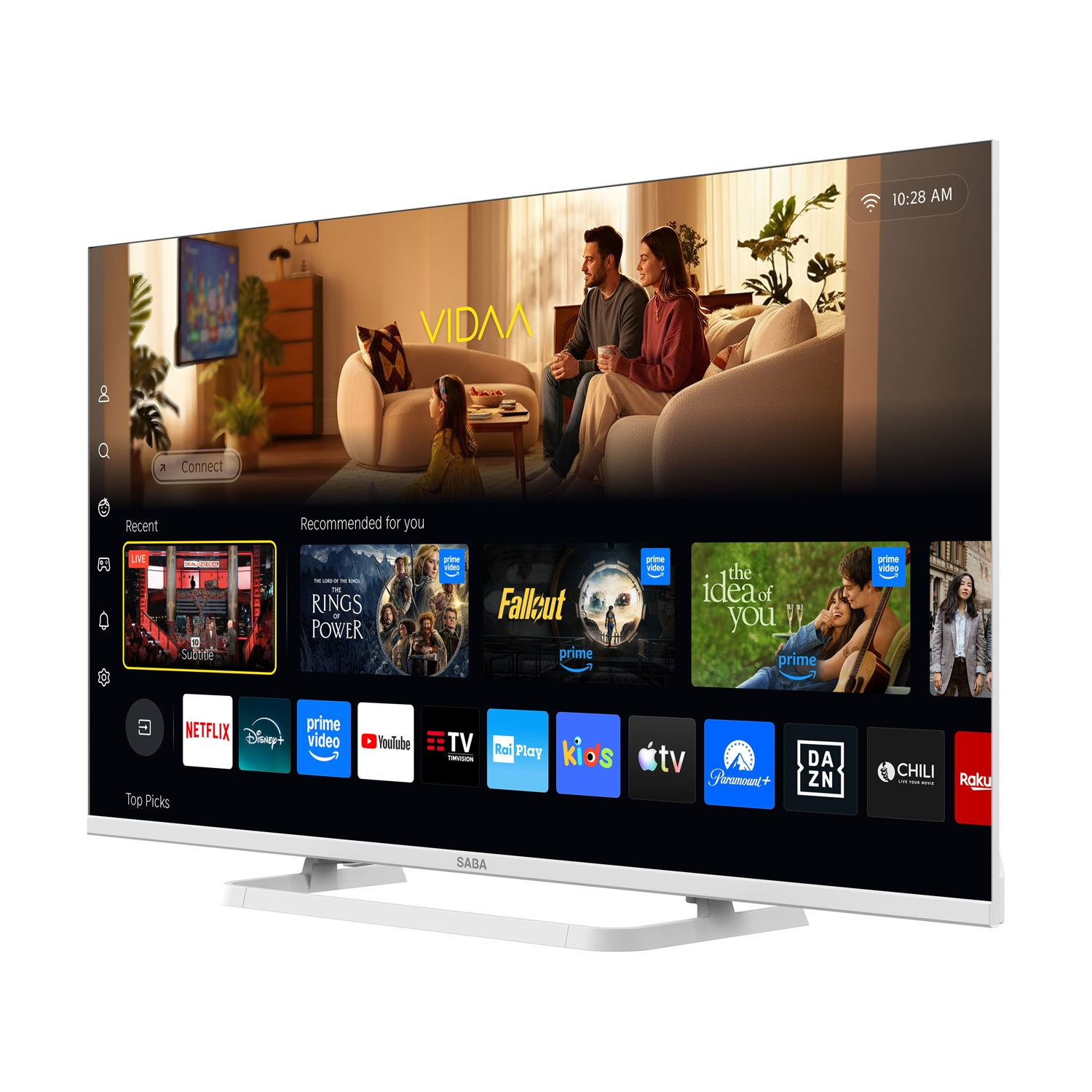 Una smart TV bianca mostra una schermata iniziale con vari servizi di streaming e una famiglia.