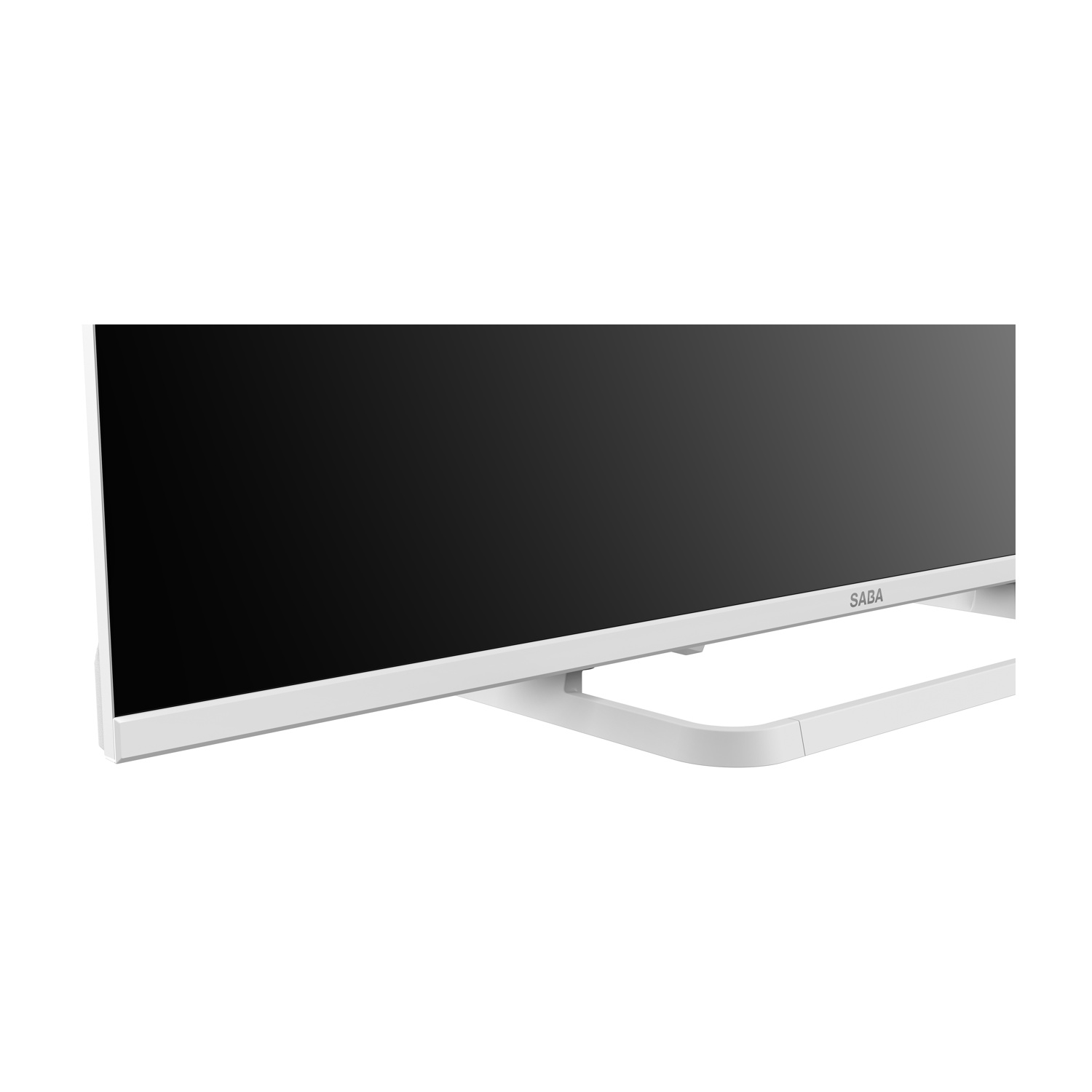 Un televisore Saba bianco con un supporto largo e curvo su sfondo bianco.