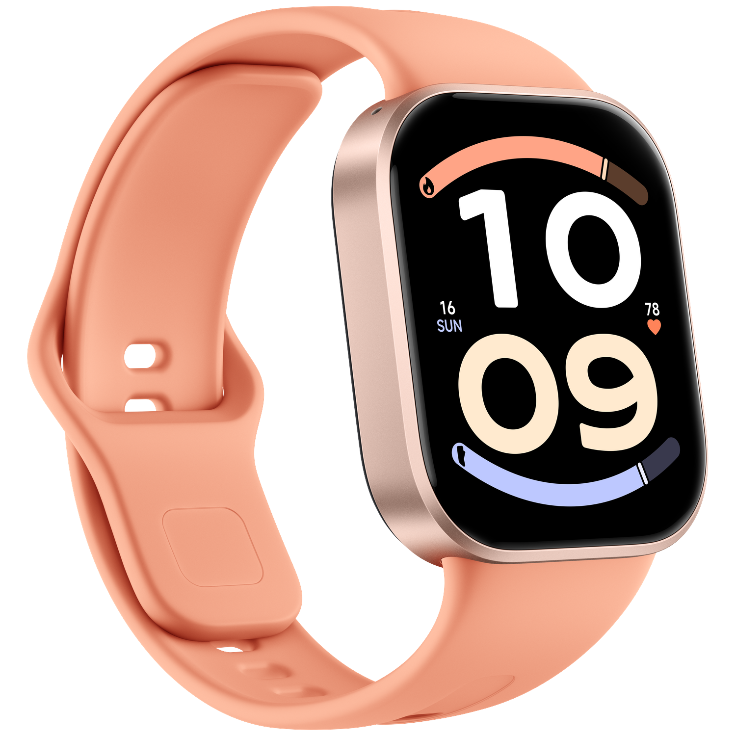 Peach smartwatch with square display showing 10:09 against a black background.