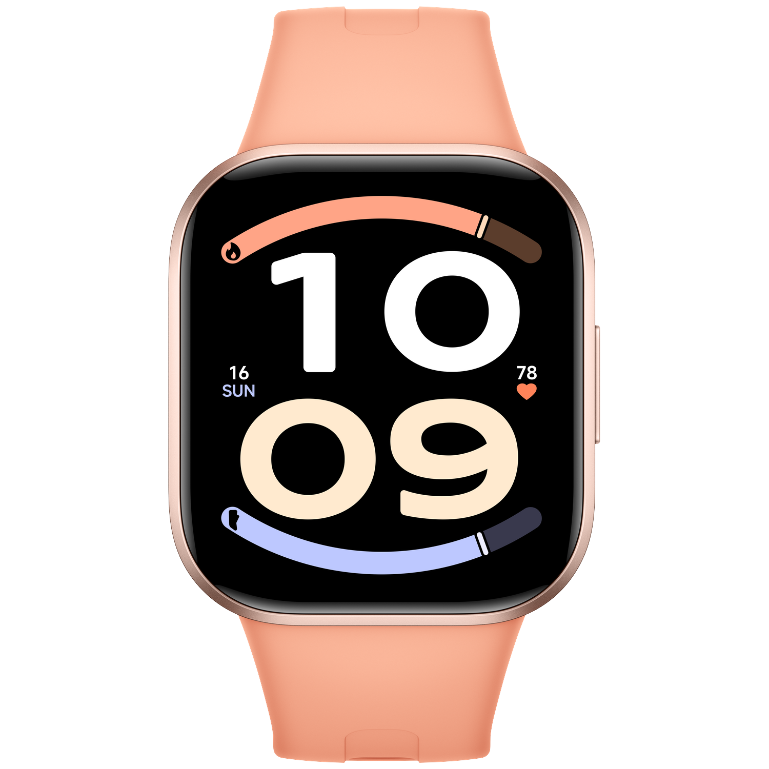 Pink smartwatch with black display showing time 10:09, date, and heart rate.