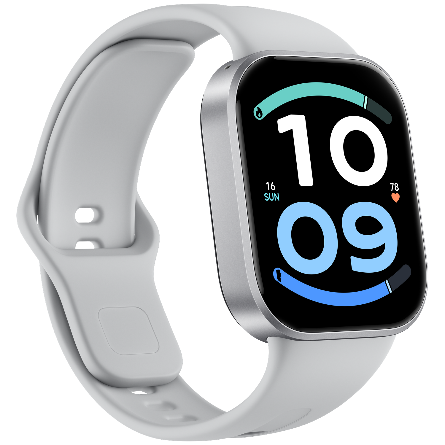 A silver smartwatch with a white band displays the date and time 10:09 on a black screen.