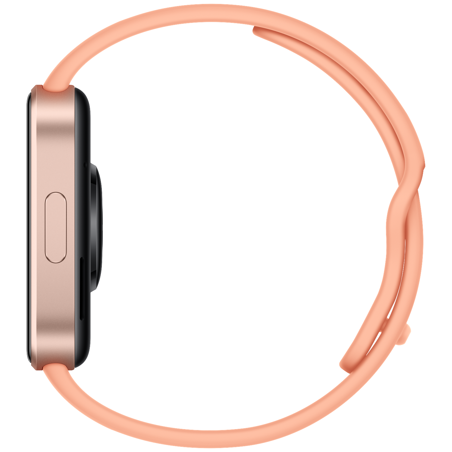 Side view of a rose-gold smartwatch with a pink band against a black background.