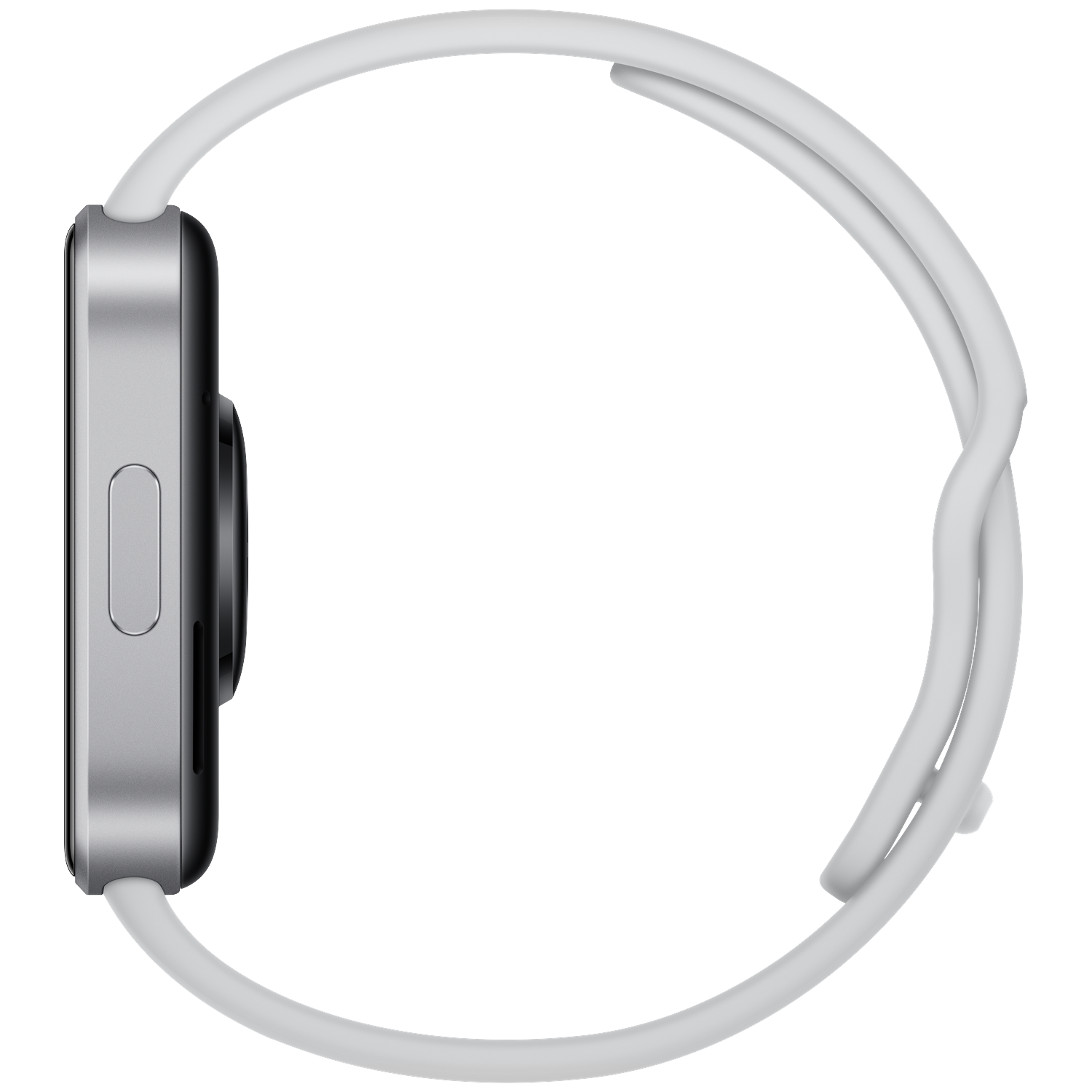 A silver smartwatch with a white strap on a solid black background, viewed from the side.