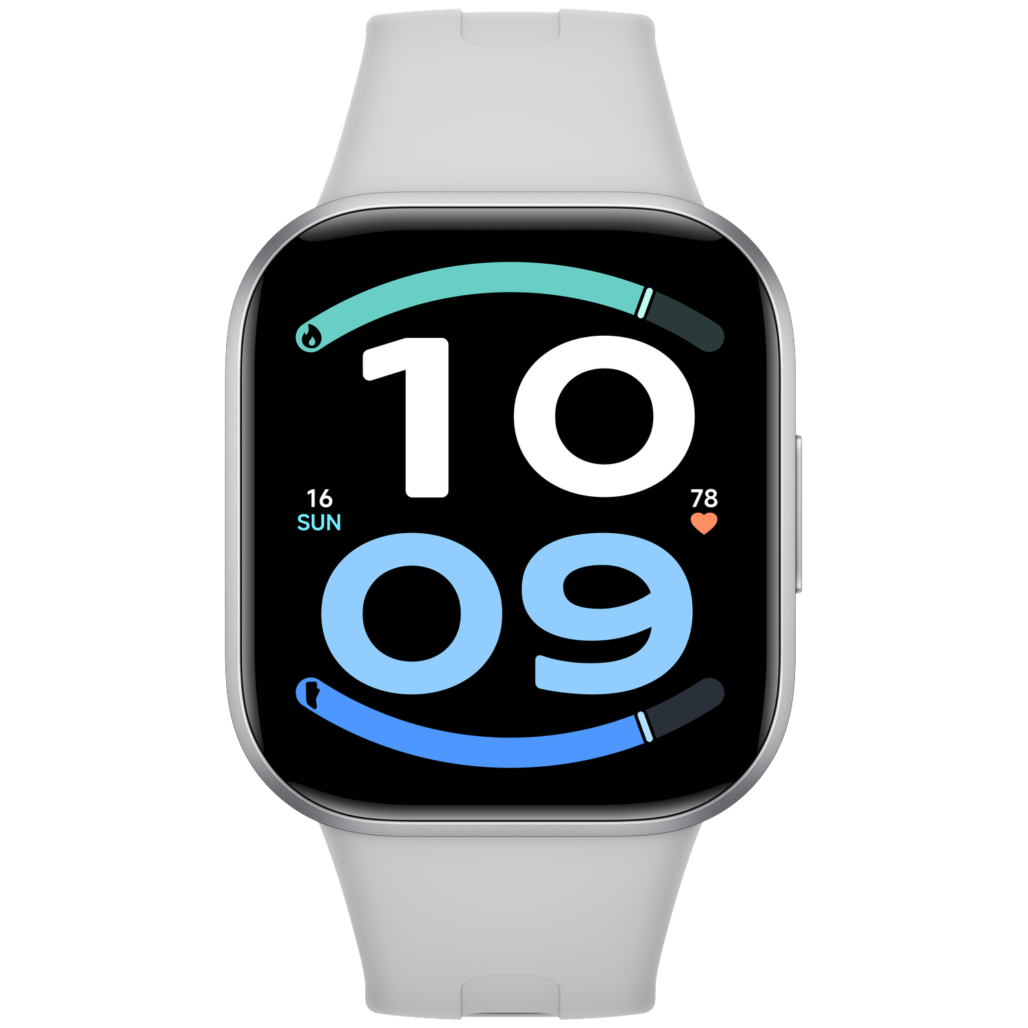 A smartwatch with a white band displays a black dial featuring the large digits 10 and 09.