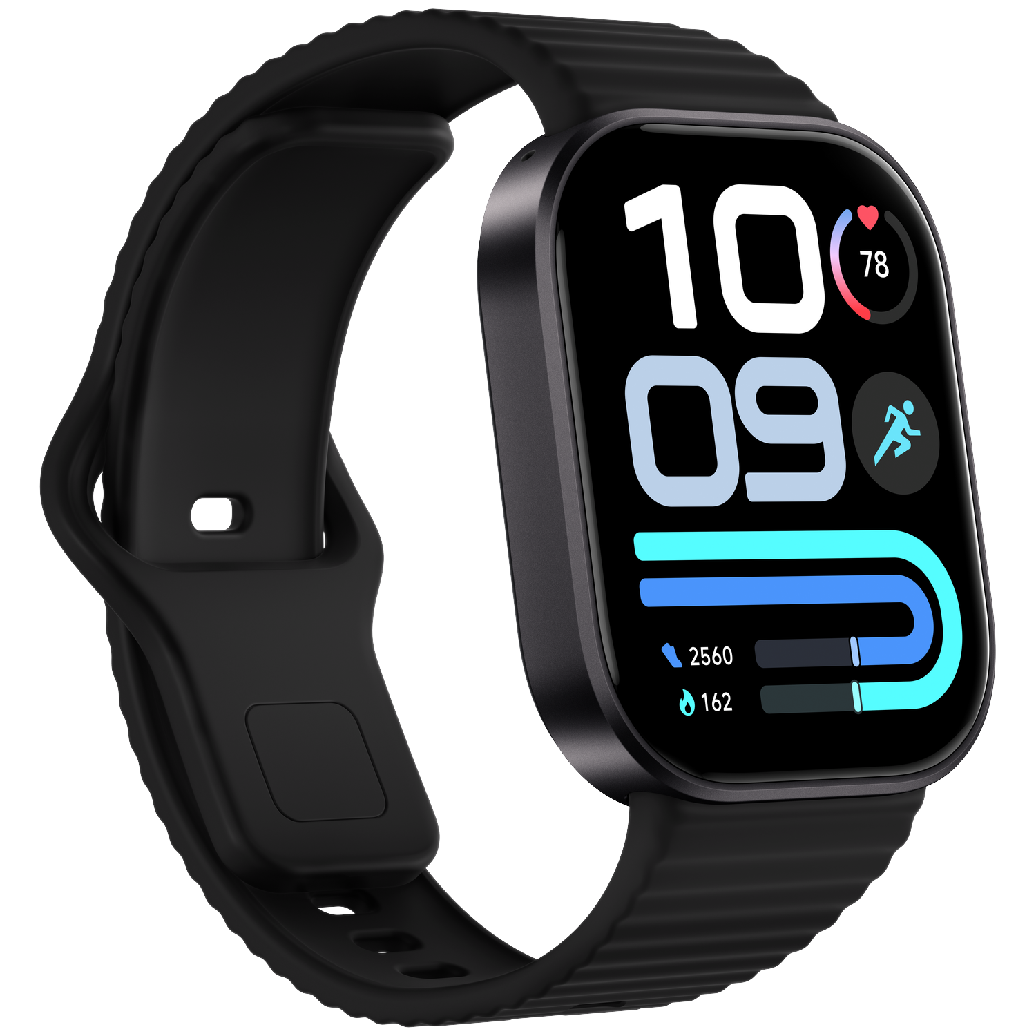 Een zwarte smartwatch met digitaal display toont tijd, hartslag en fitnessgegevens tegen een zwarte achtergrond.