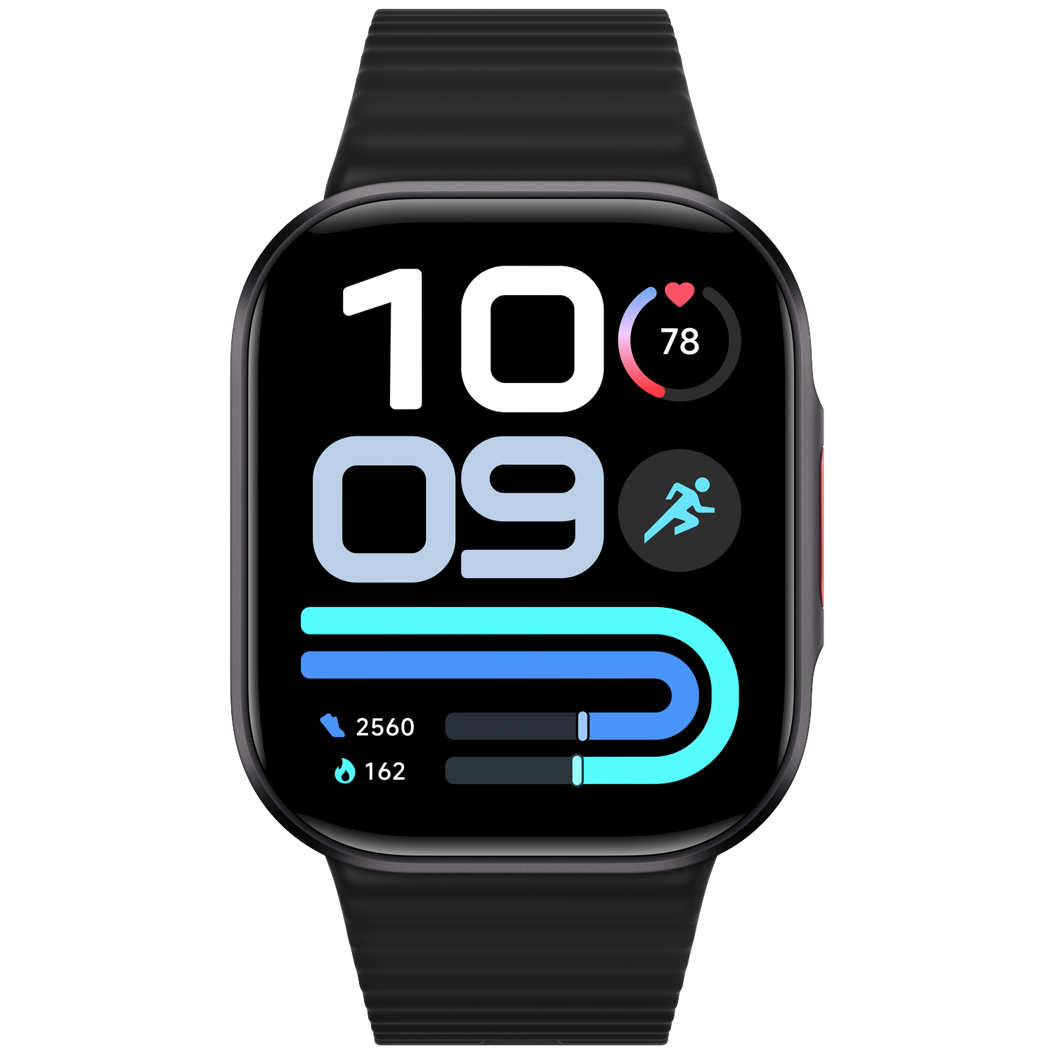 Zwarte smartwatch met digitale wijzerplaat die tijd, hartslag en fitnessgegevens weergeeft.