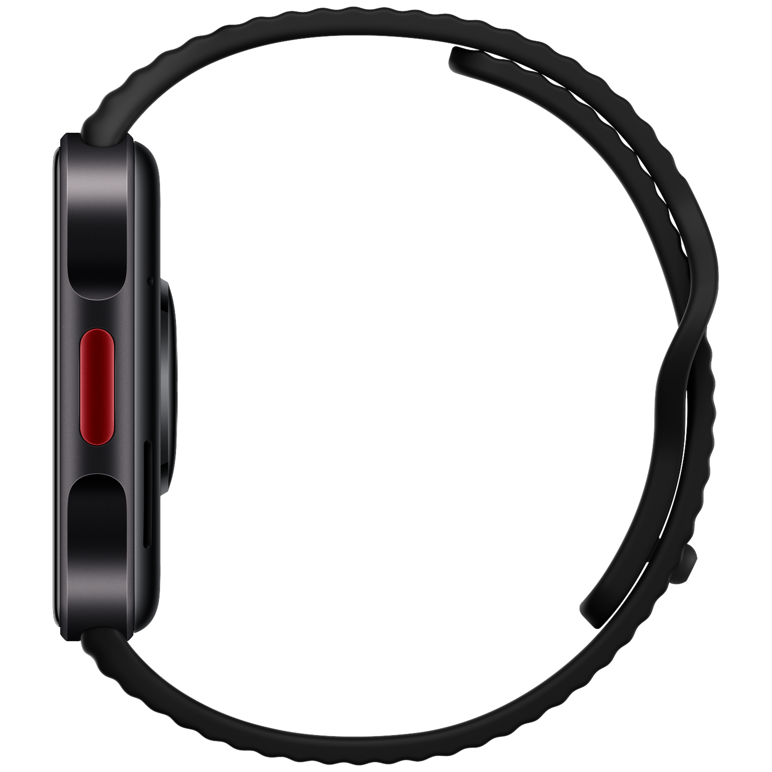 Zijaanzicht van een zwarte smartwatch met een rode knop en golvende band tegen een zwarte achtergrond.