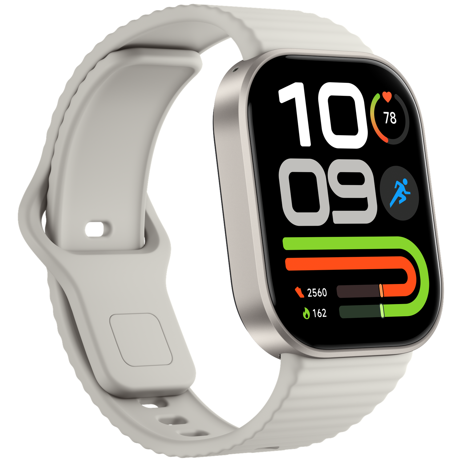 Een lichtgrijze smartwatch met zwart scherm toont tijd, hartslag en activiteitgegevens op een zwarte achtergrond.