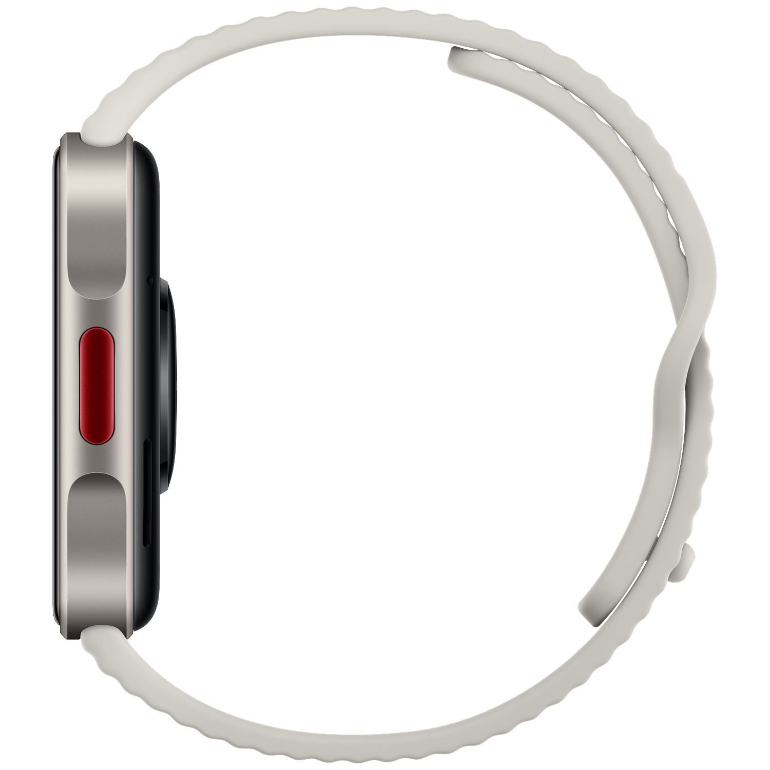 Zijaanzicht van een smartwatch met zilveren kast, rode knop en witte band tegen een zwarte achtergrond.