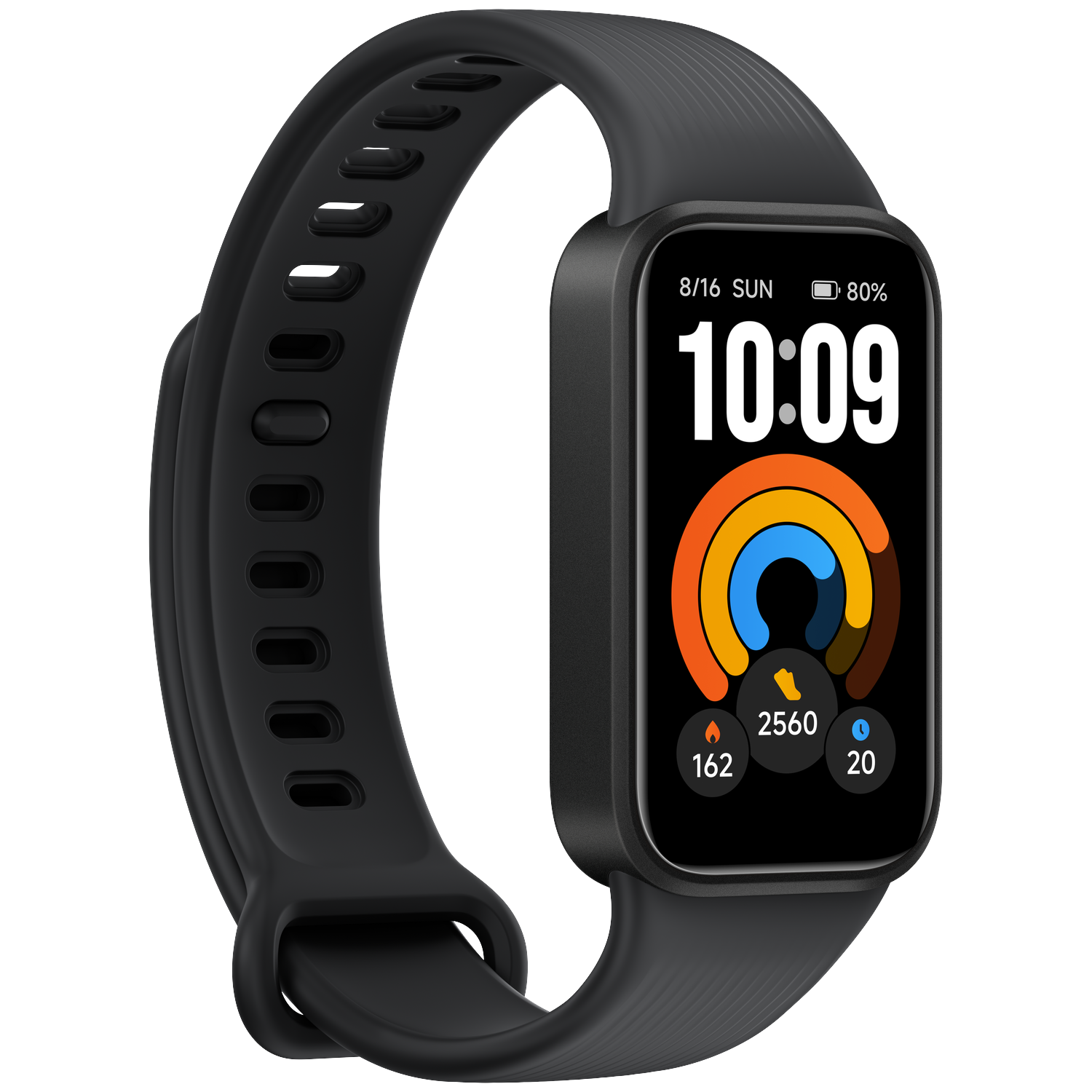 Un bracelet d'activité noir affichant l'heure, la date, la batterie et des métriques sur fond sombre.