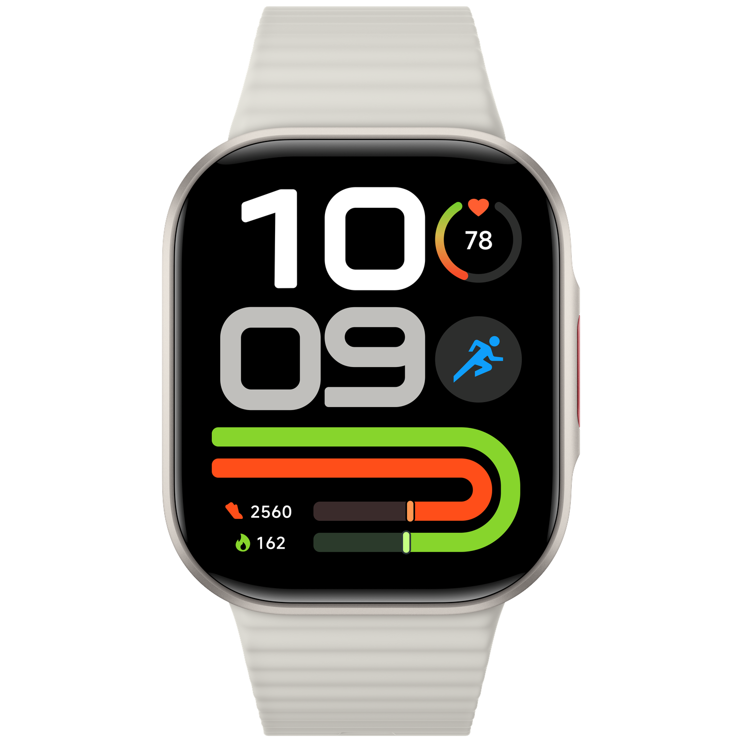 Smartwatch met lichte band, zwart scherm, digitale tijd 10:09, hartslag en activiteitsringen.