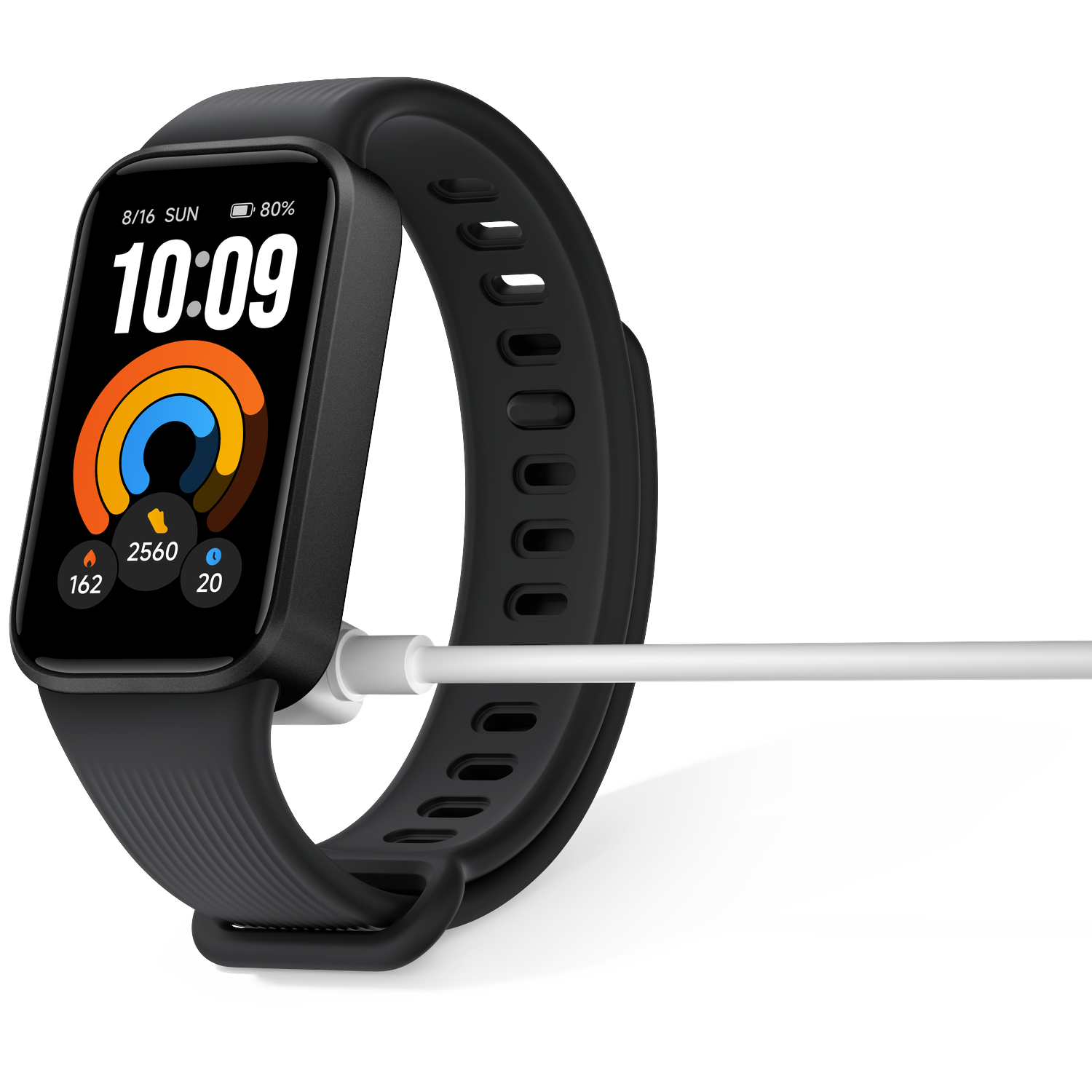 Montre connectée noire avec câble de charge sur fond noir.