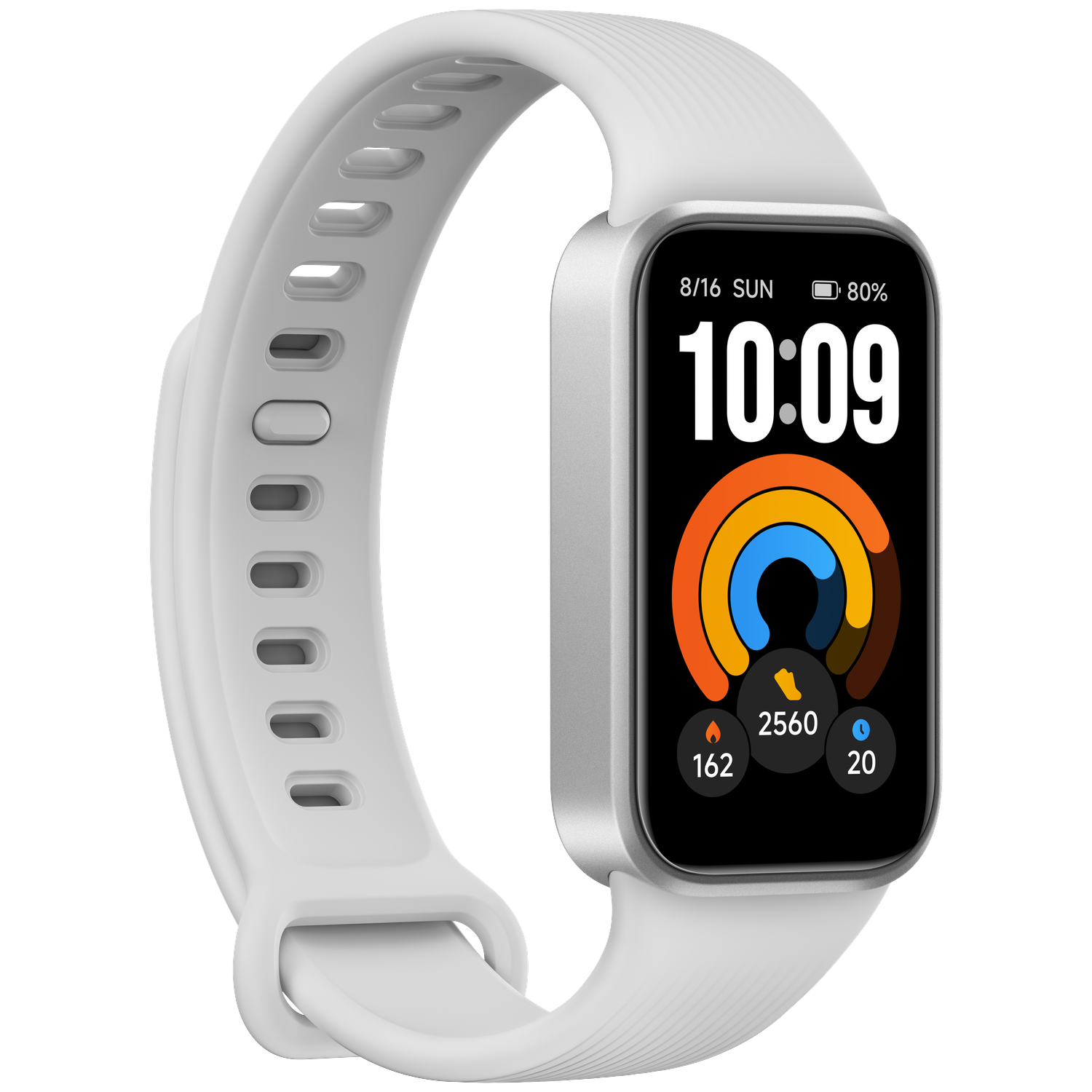 Une montre connectée blanche à écran rectangulaire affiche l'heure, la date et des données d'activité sur fond noir.