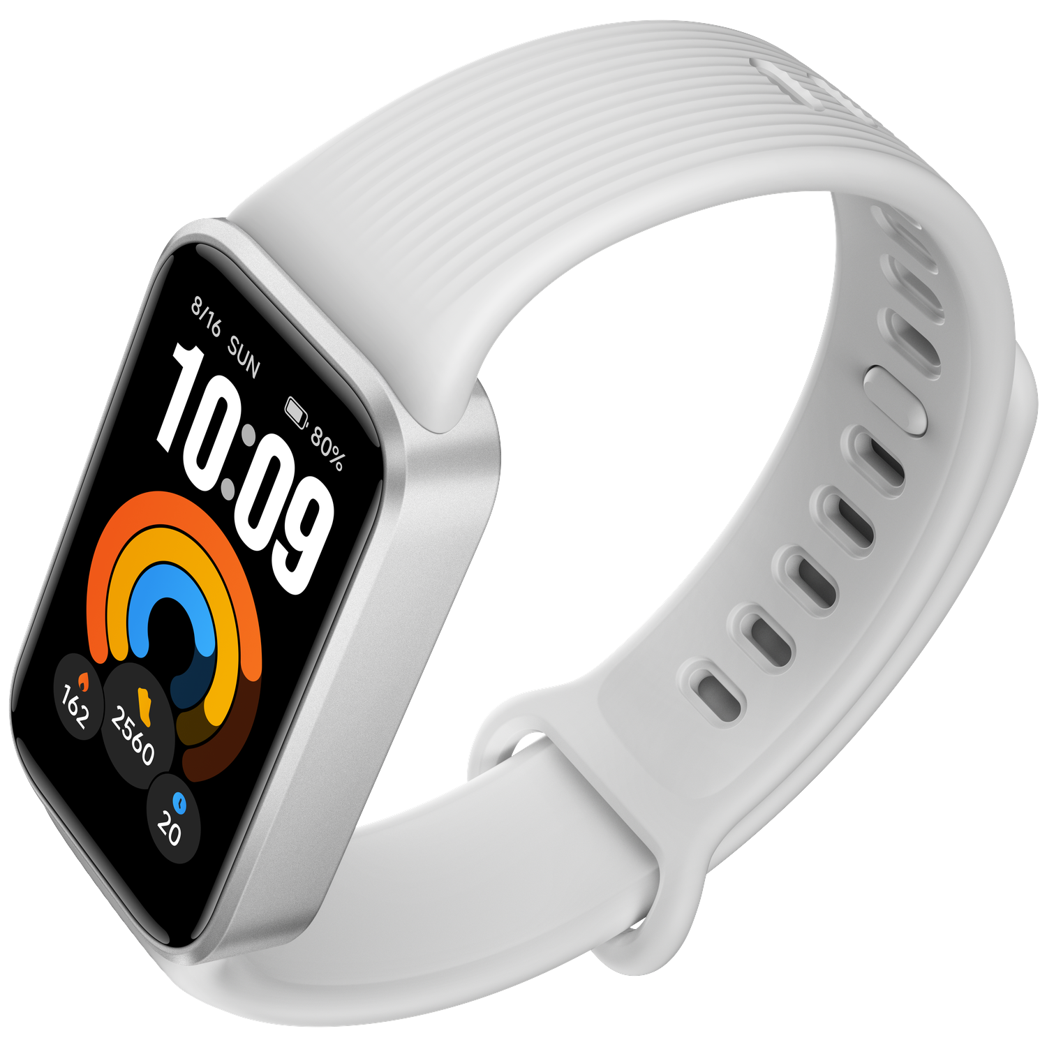 Une montre intelligente blanche avec écran rectangulaire et cadran coloré sur fond noir.