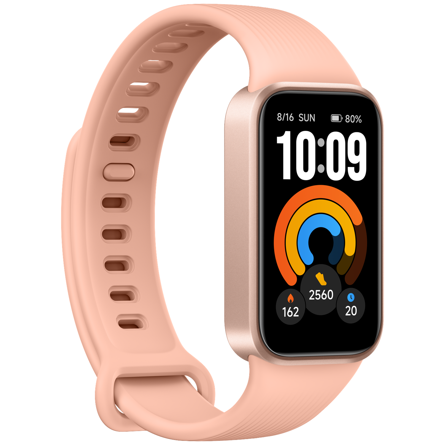 Un tracker d'activité rose clair avec un cadran numérique affichant l'heure, la date, la batterie et des anneaux sur noir.