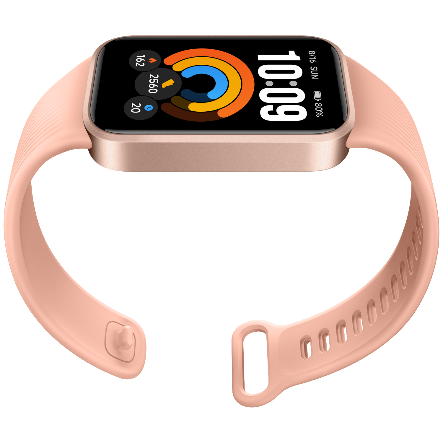 Une montre connectée rose avec écran rectangulaire affichant l'heure et des anneaux d'activité, sur fond noir.