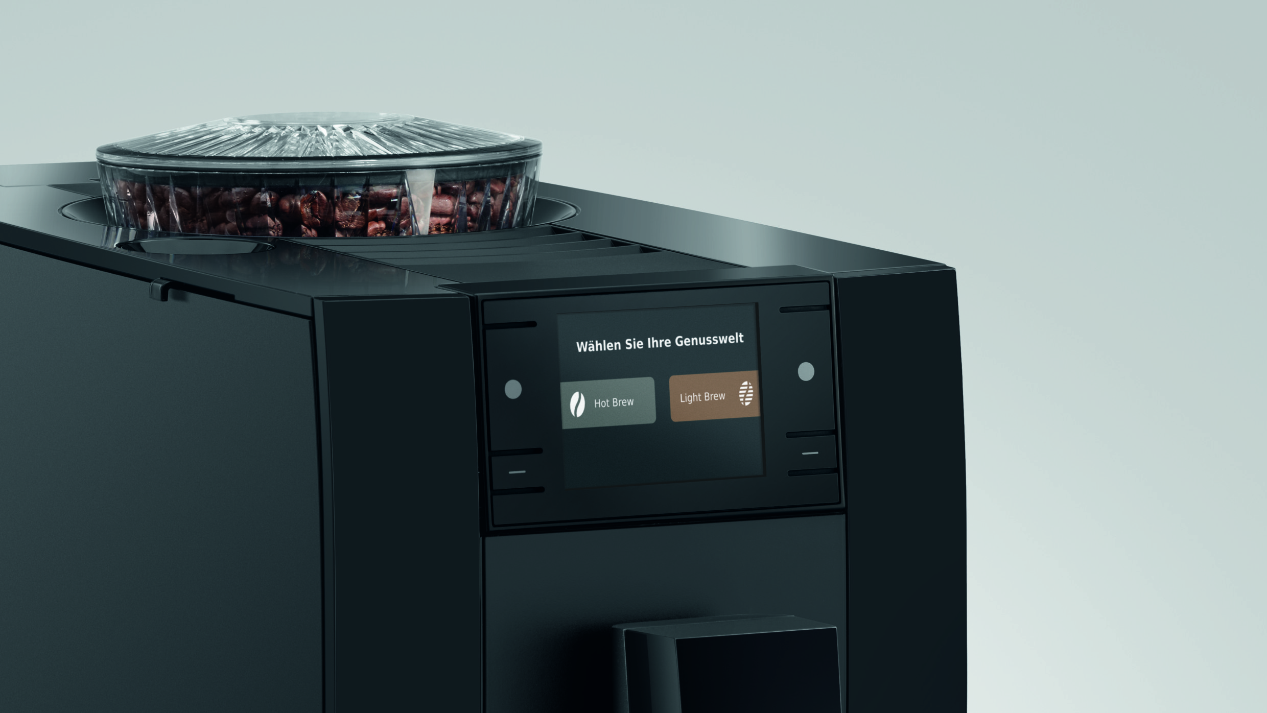 Eine schwarze Kaffeemaschine mit Bohnenbehälter und Digitaldisplay.
