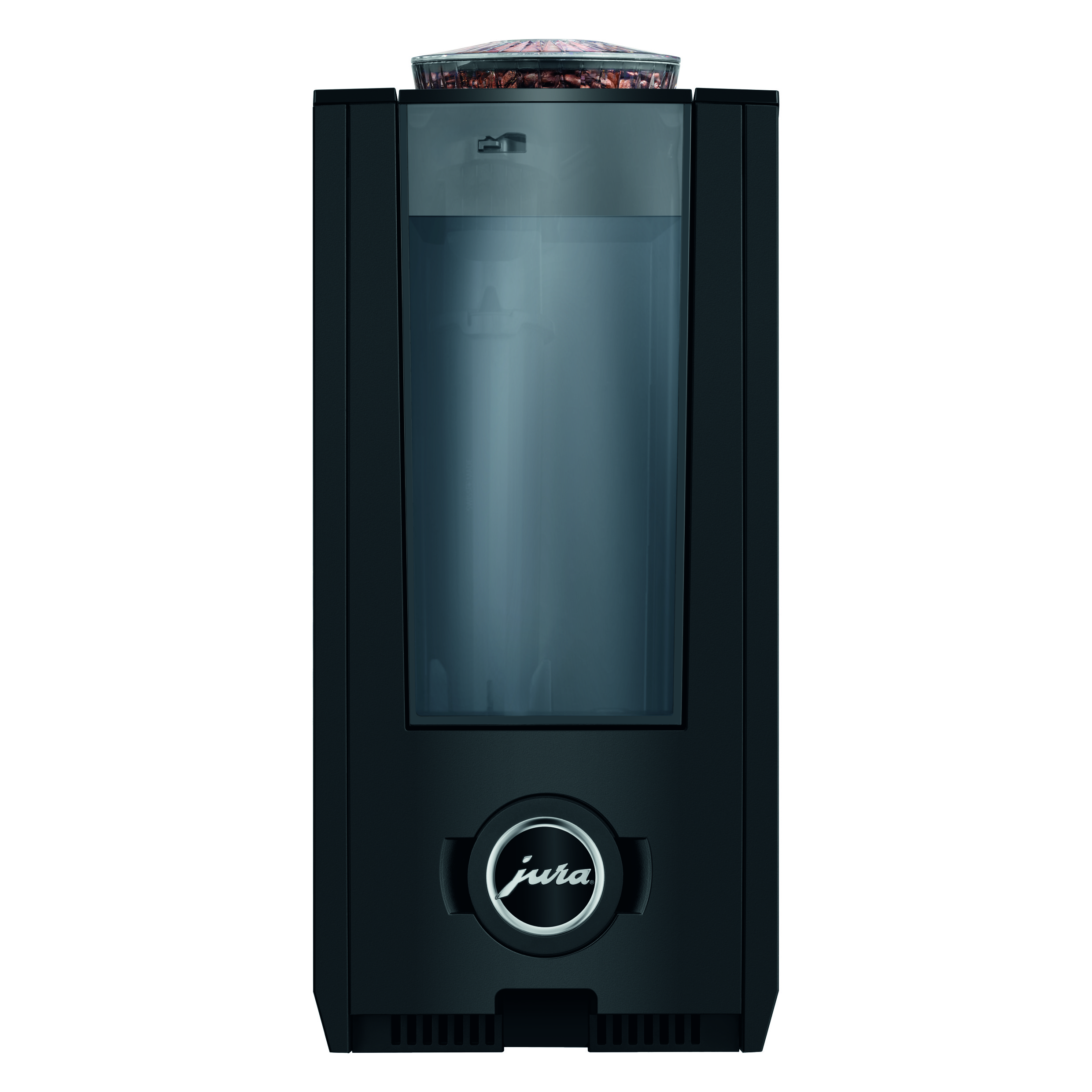 Ein schwarzes Jura-Kaffeemahlzubehör mit transparentem Wassertank und kleinem Bohnenbehälter oben.