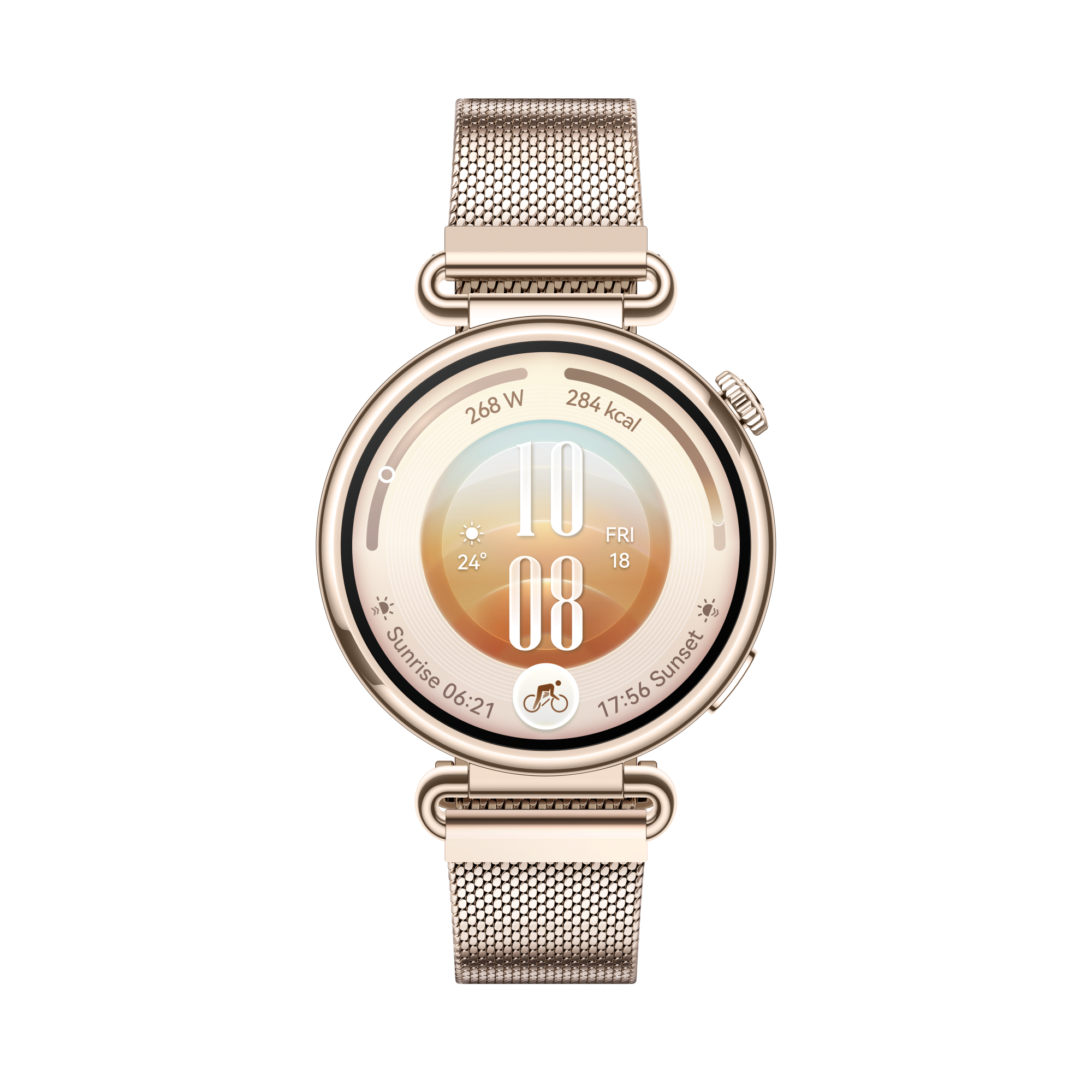 Różowozłoty smartwatch z metalową bransoletą i cyfrową tarczą na czarnym tle.