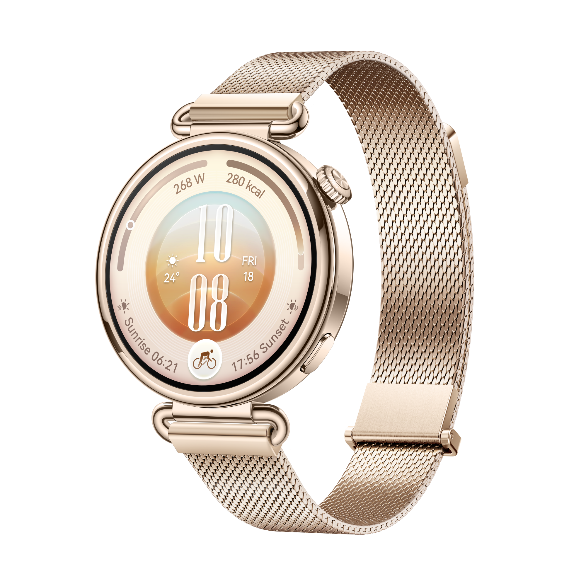 Złotou różowa smartwatch z siatkowym paskiem i cyfrową tarczą na czarnym tle.