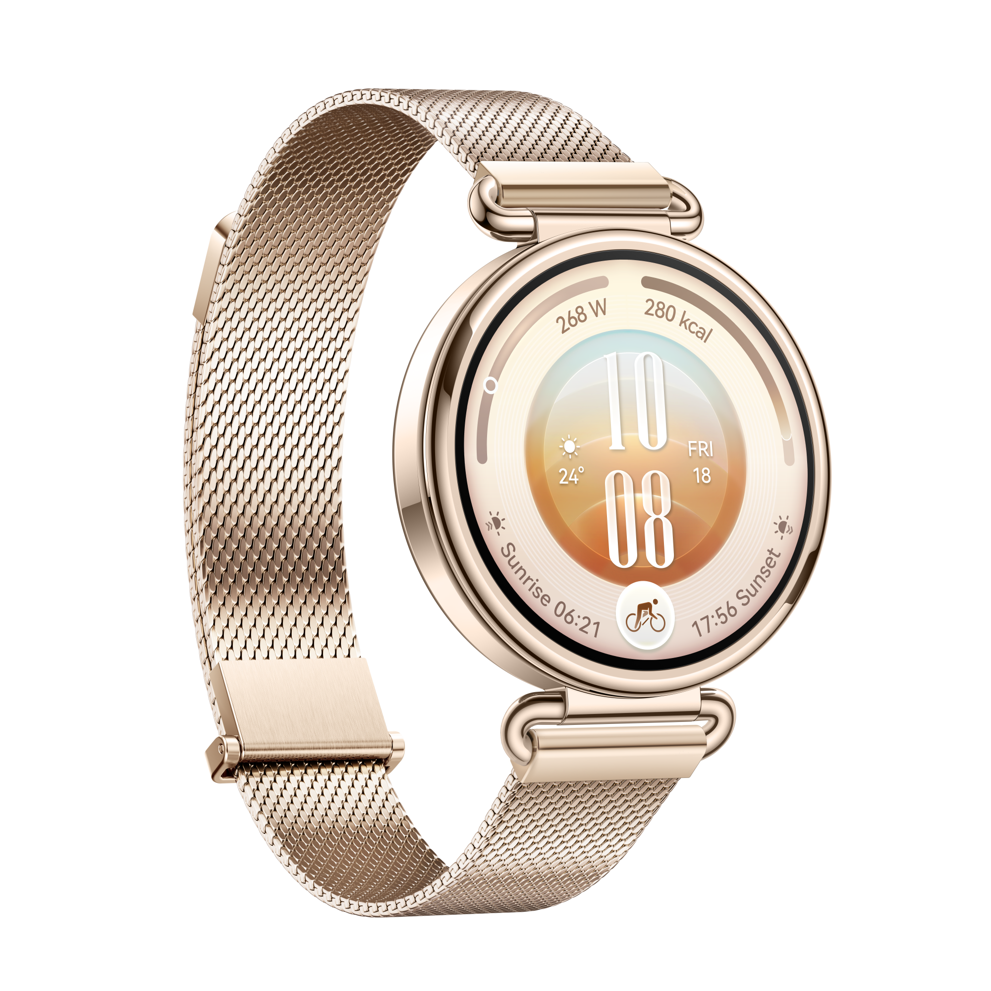 Złoty smartwatch z metalową bransoletą siatkową i cyfrową tarczą na czarnym tle.