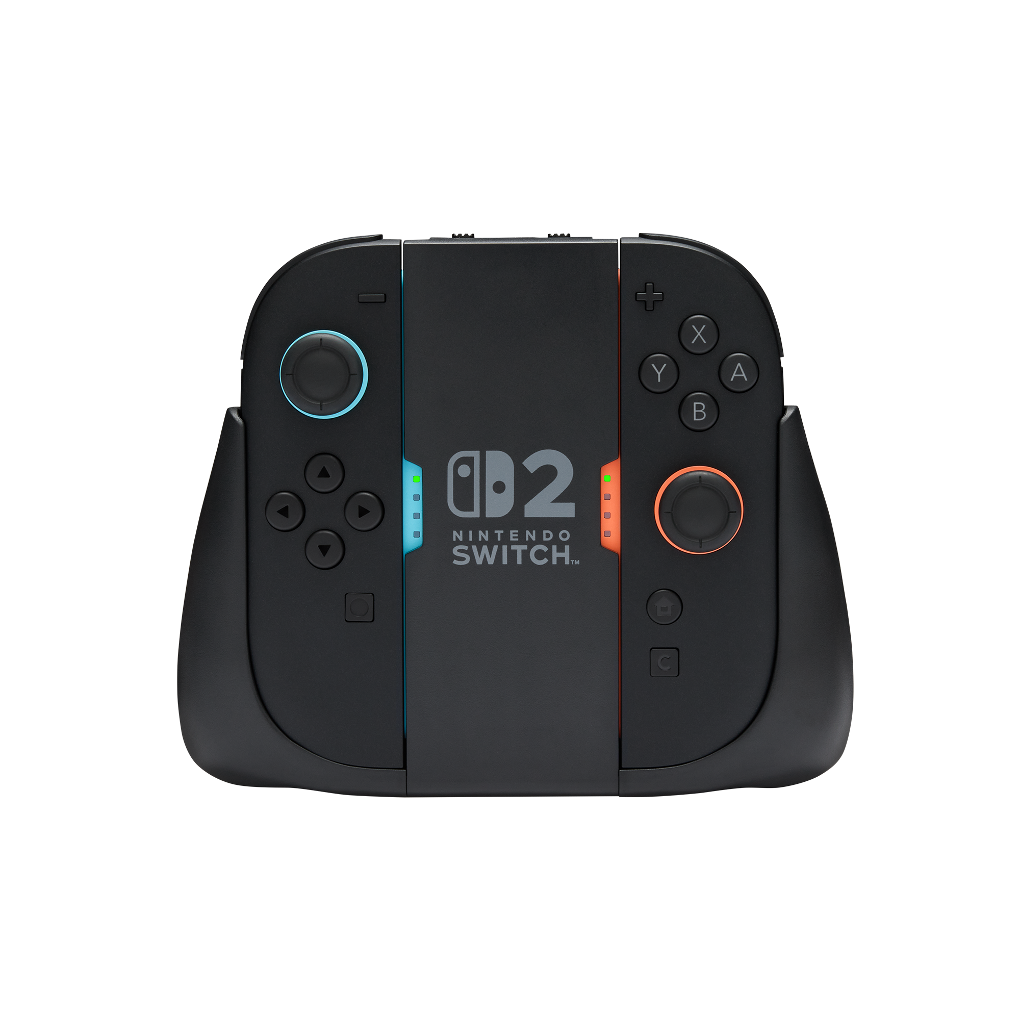 Ein schwarzer Nintendo Switch 2 Controller-Griff mit blauen und orangen Akzenten vor dunklem Hintergrund.