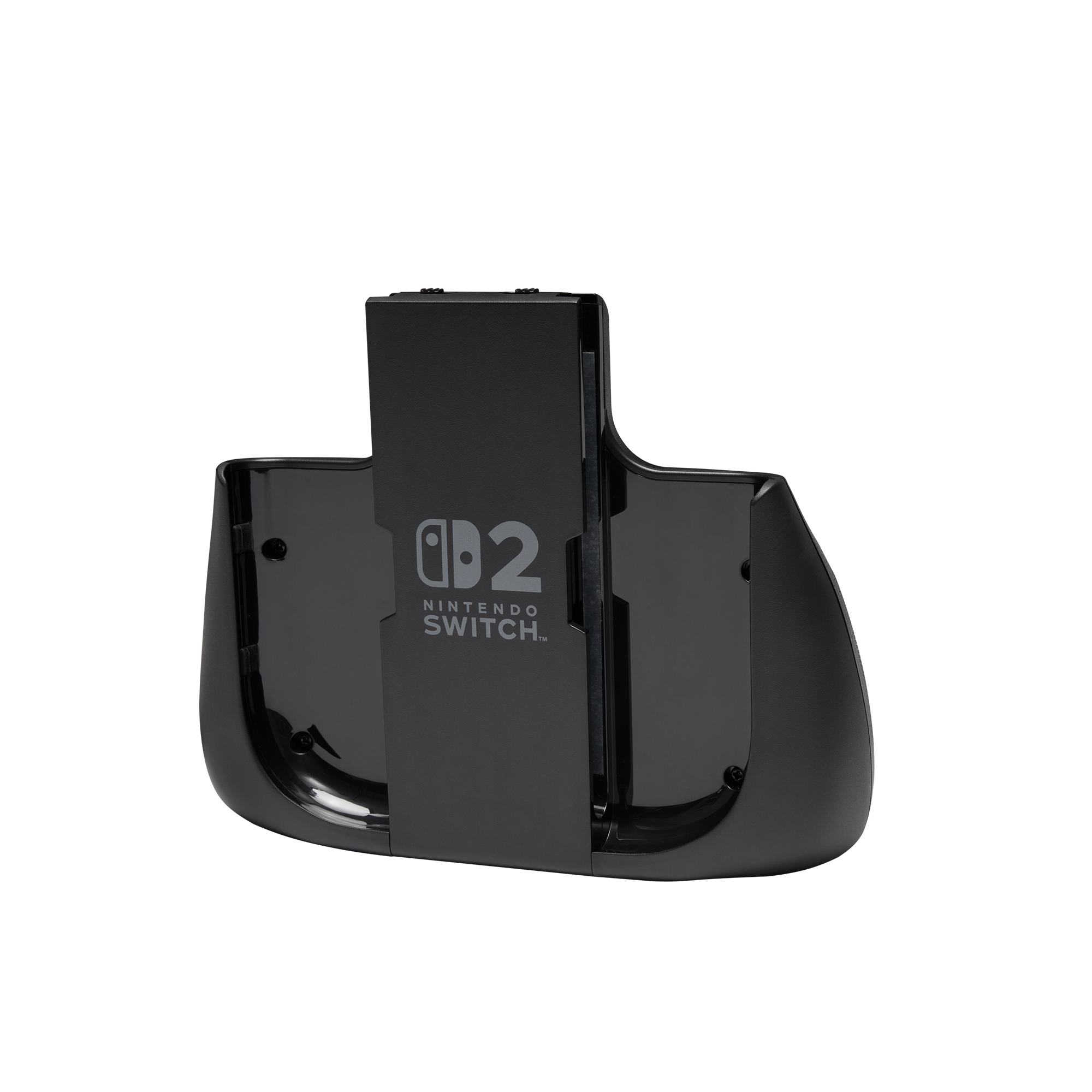 Ein schwarzer Nintendo Switch Controllerhalter vor einem dunklen Hintergrund.