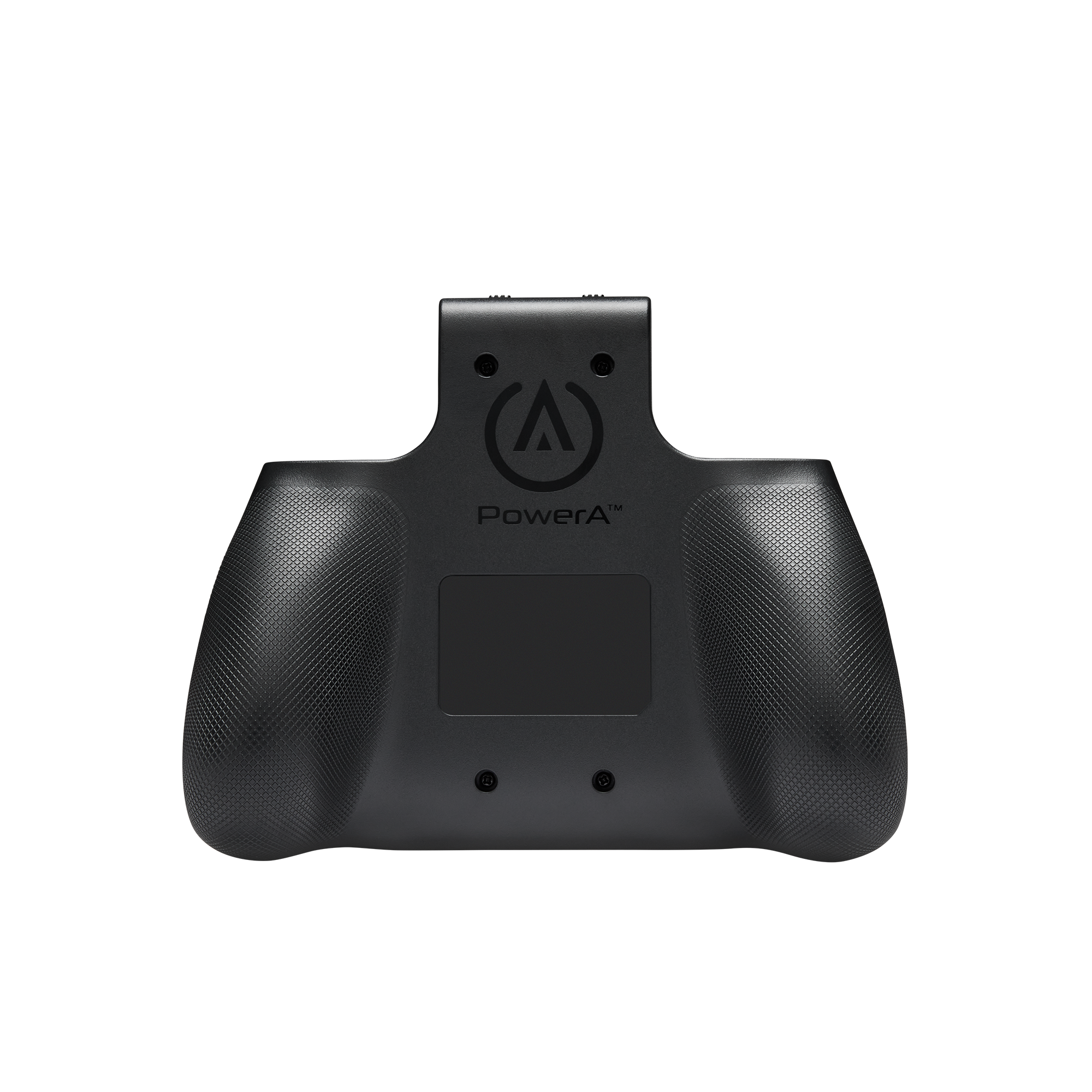 Rückseite eines schwarzen PowerA Gamepad-Griffs mit strukturierten Griffen und Logo.