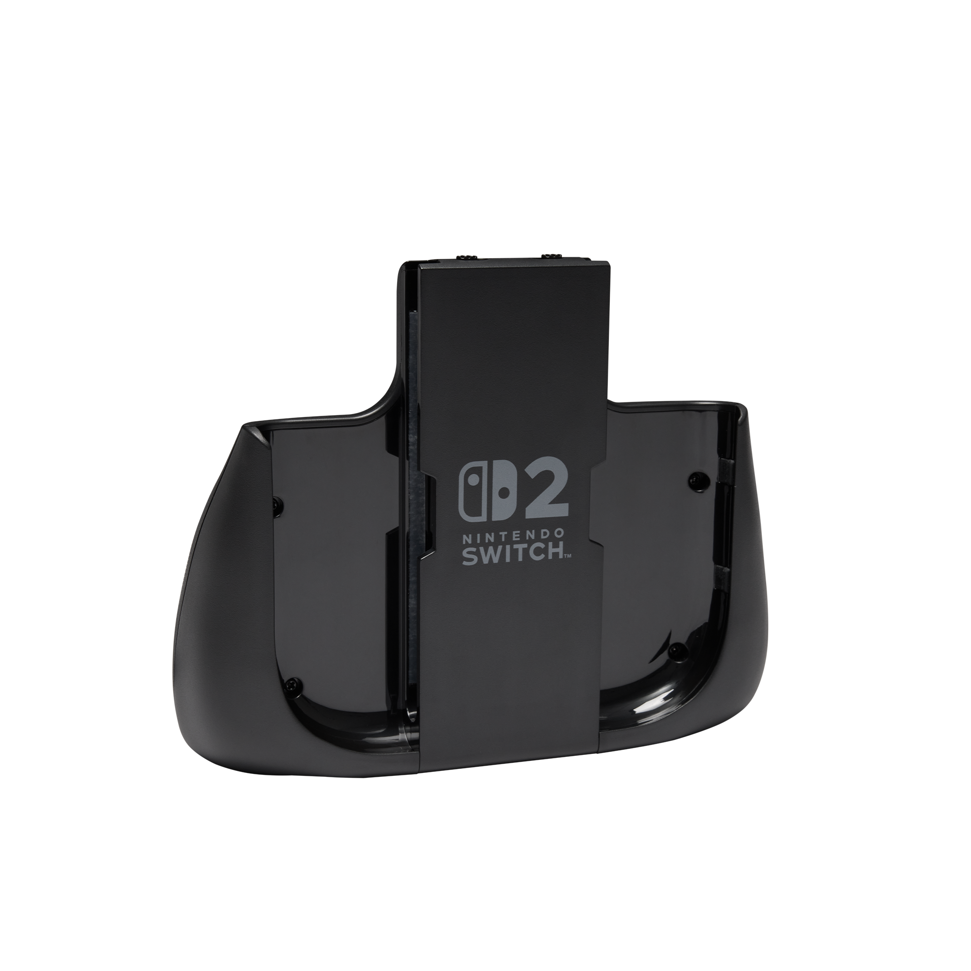Ein schwarzer Nintendo Switch 2 Lade-Griff steht vor einem einfarbig schwarzen Hintergrund und zeigt sein Design.