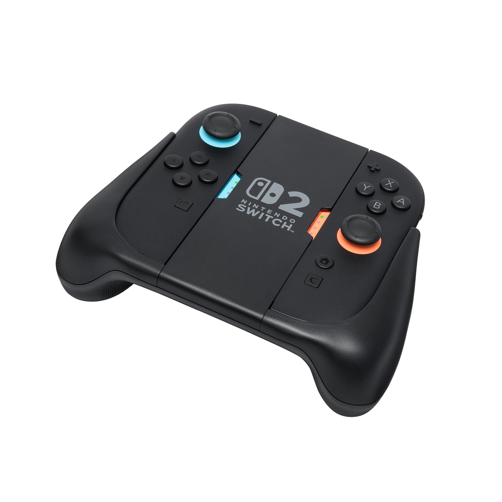 Schwarzer Nintendo Switch 2 Controller mit blauen und orangen Akzenten auf einem Griff.