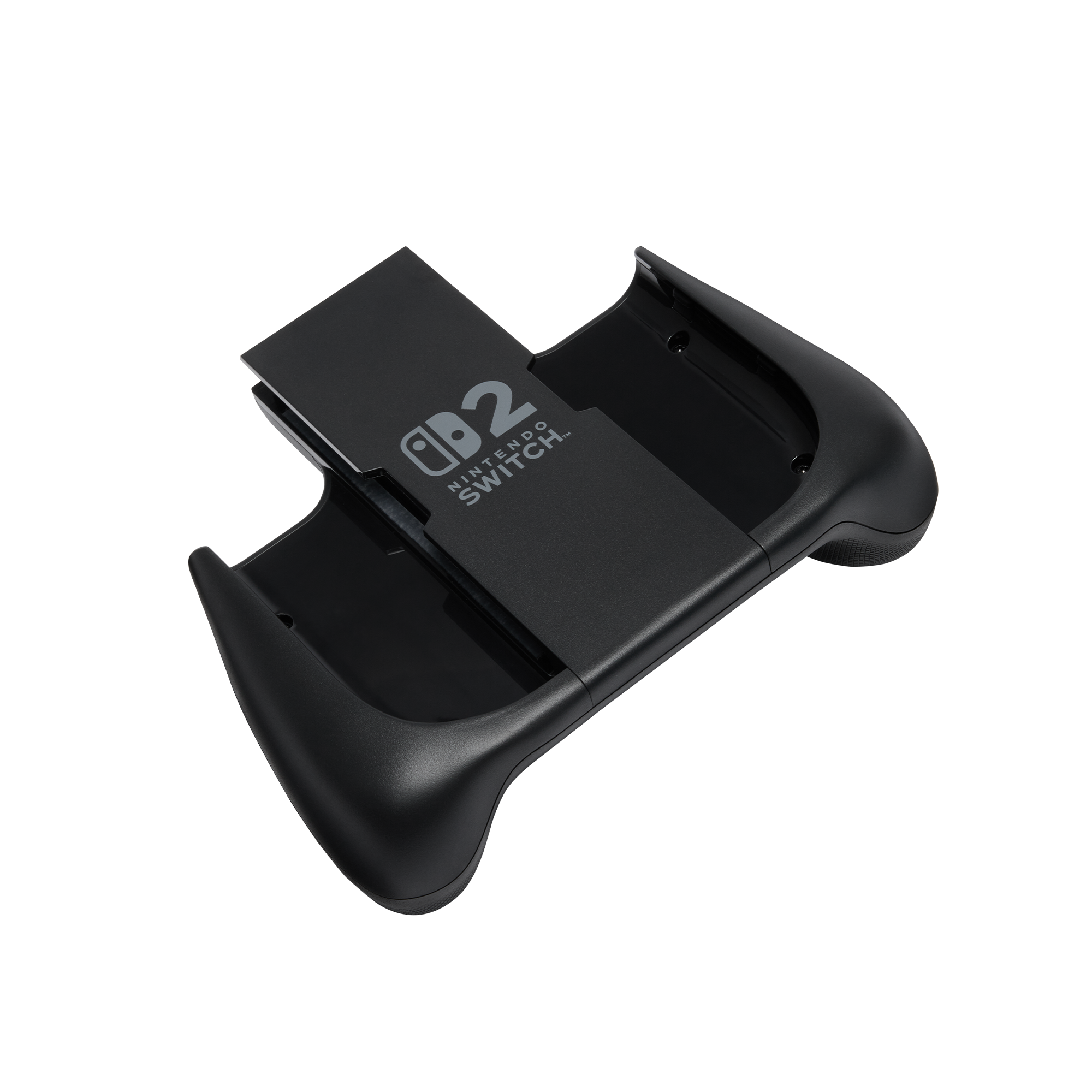 Ein schwarzer Nintendo Switch Controller-Grip auf schwarzem Hintergrund.